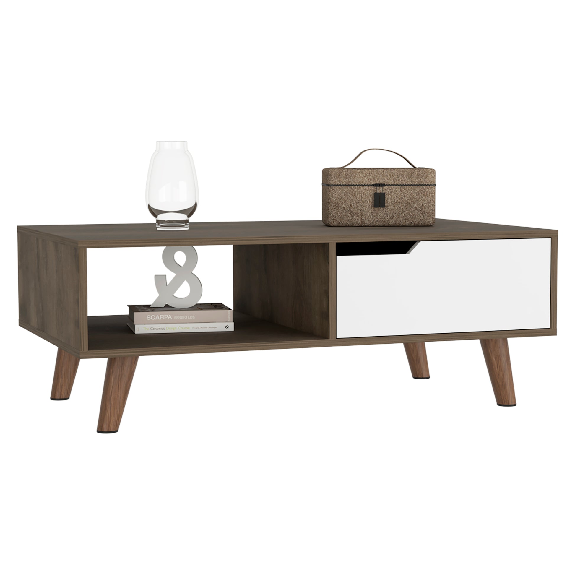 Midcentury modern coffee table with dark wood finish white drawer and tapered legs