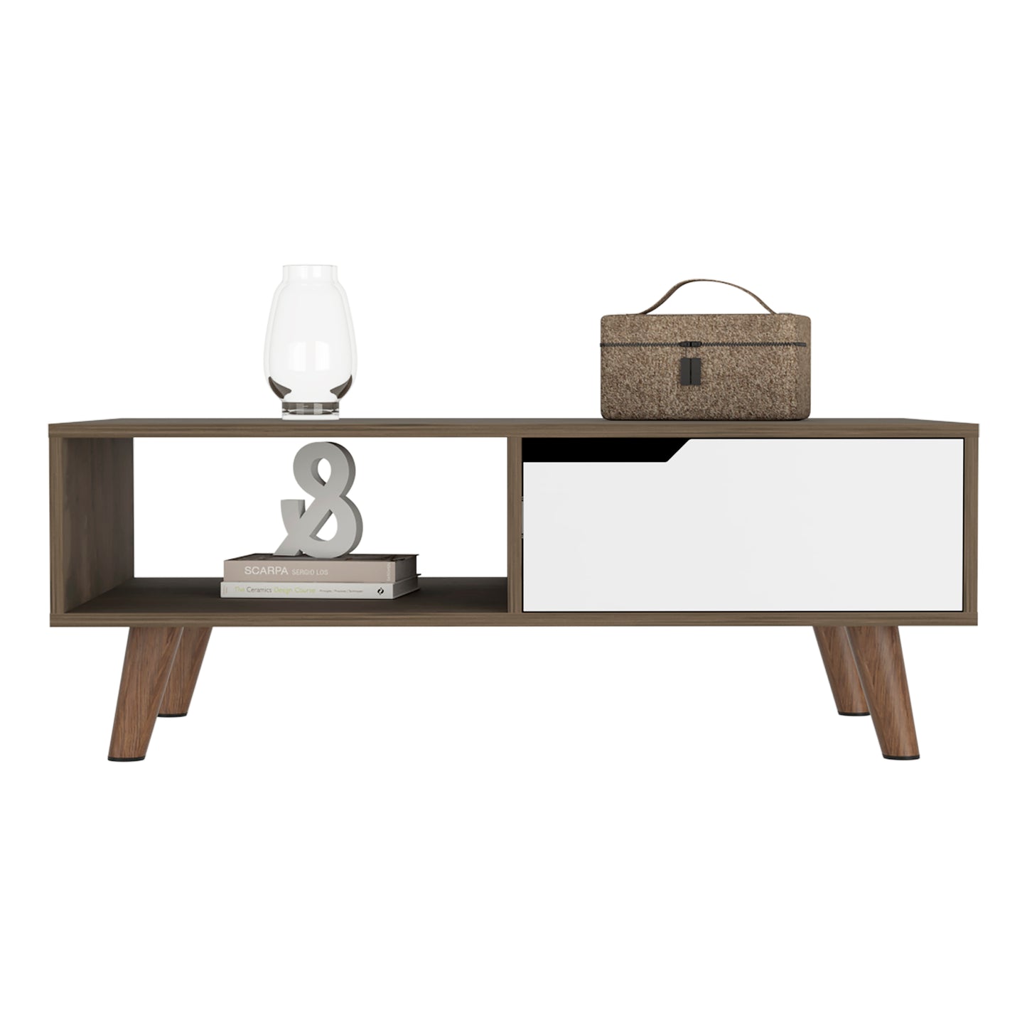 Modern twotone media console with a walnut finish and a white drawer featuring tapered wooden legs