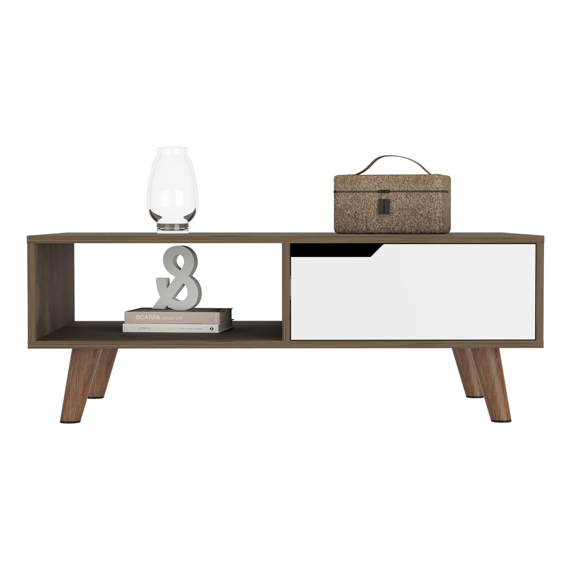 Modern twotone media console with a walnut finish and a white drawer featuring tapered wooden legs