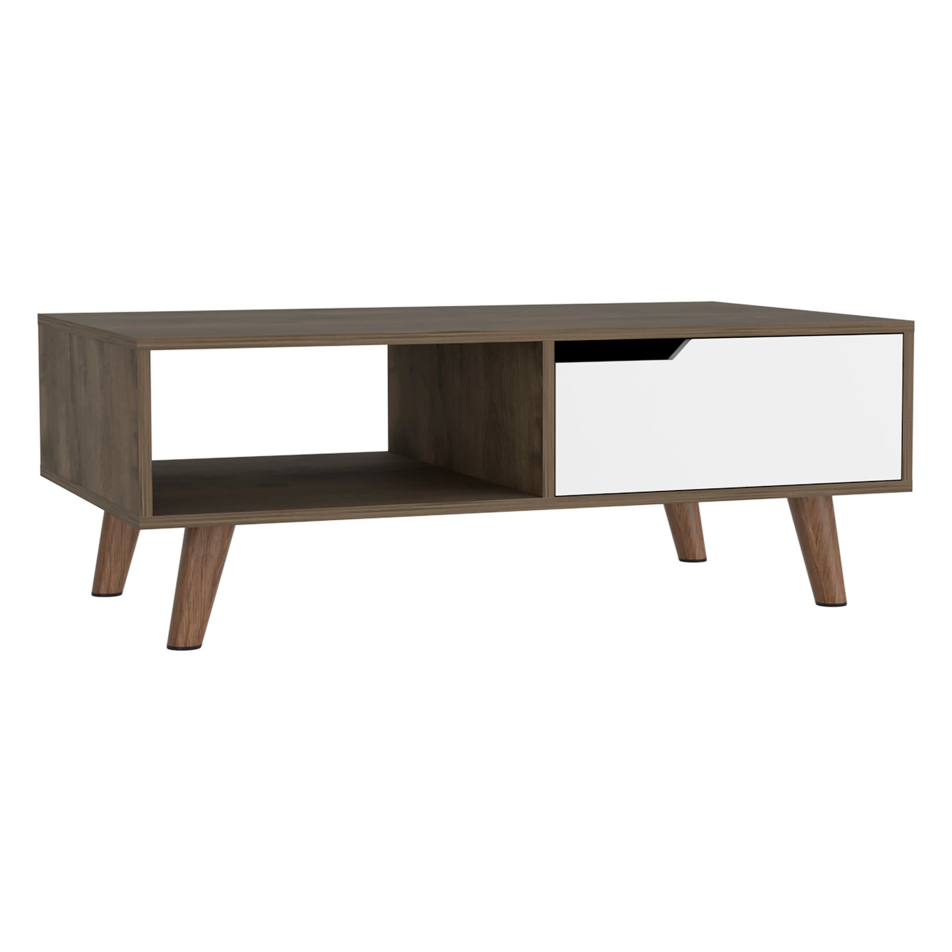 Midcentury modern coffee table with wood grain and white drawer
