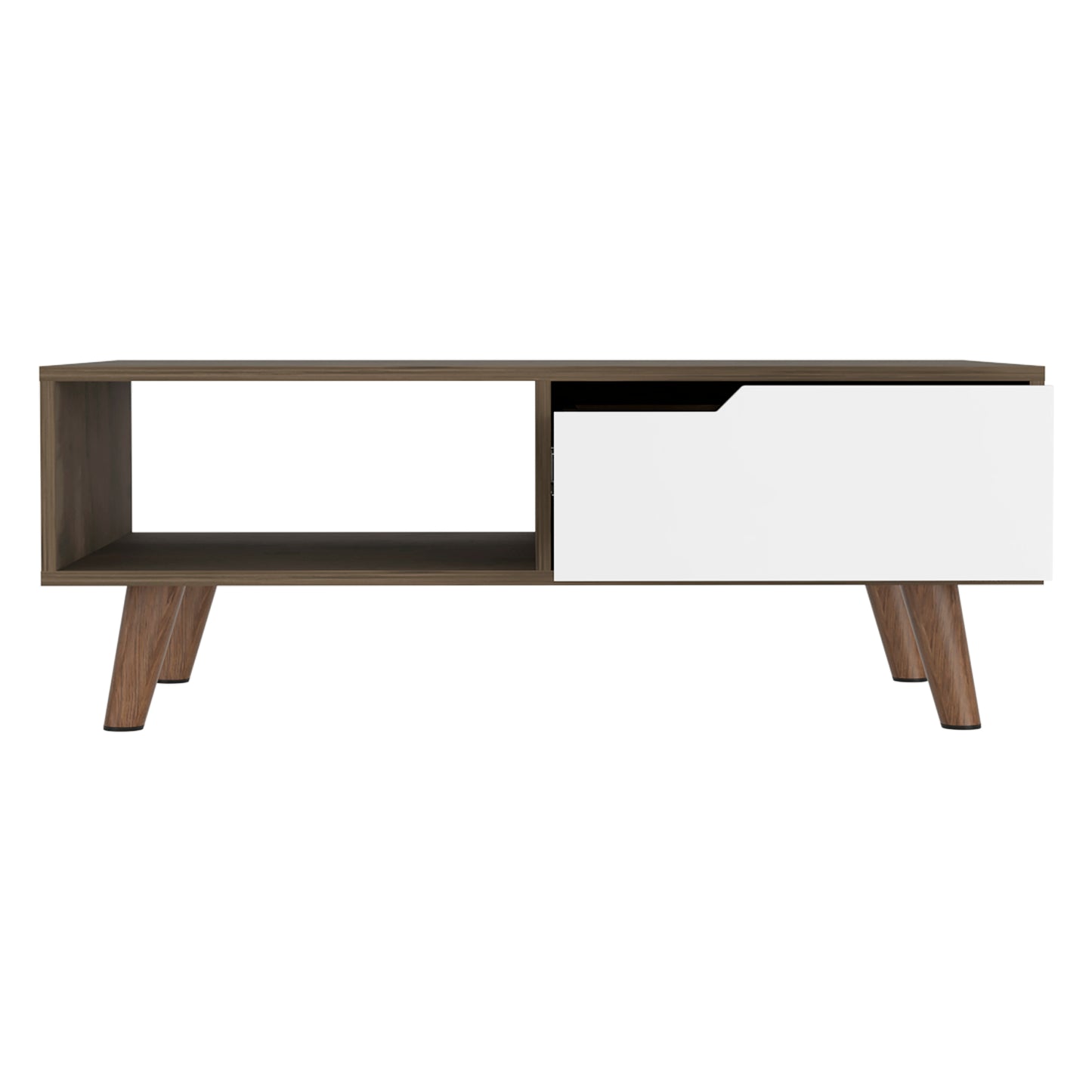 Modern twotone coffee table with open shelf and white drawer on wooden legs