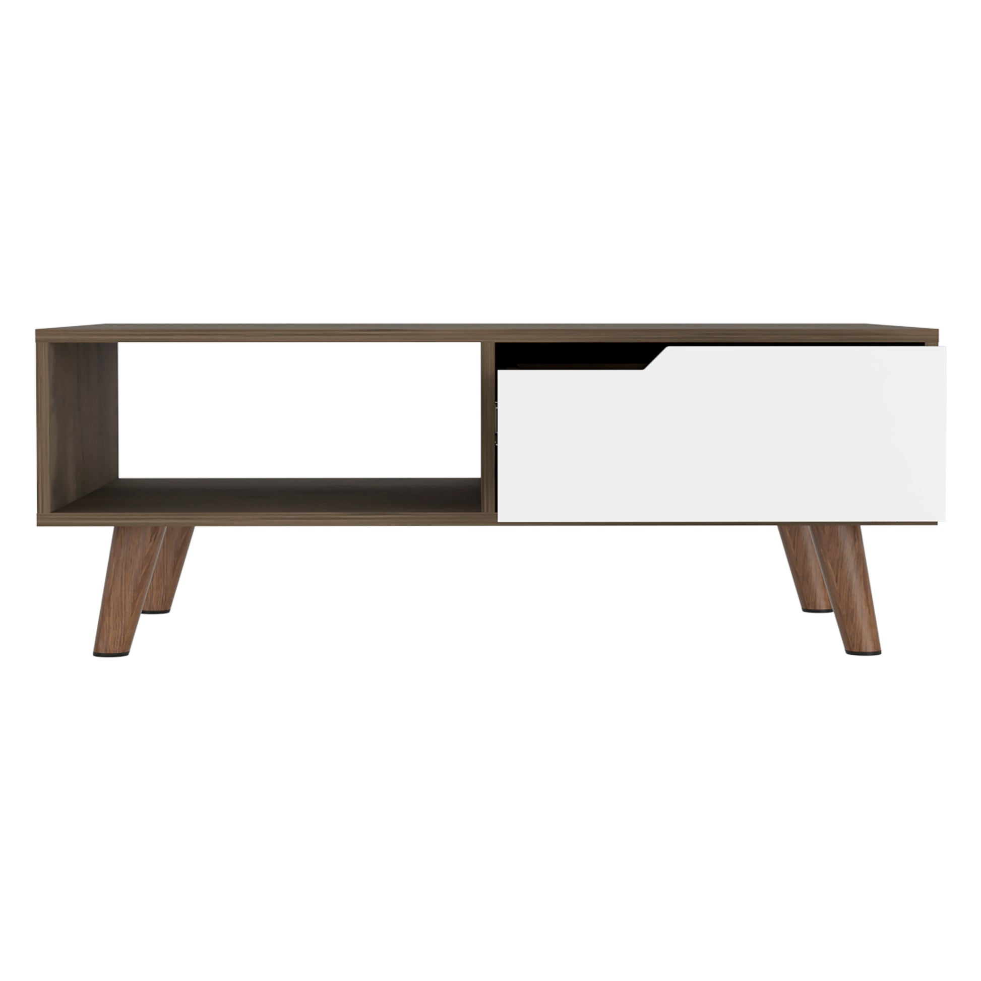 Modern twotone coffee table with open shelf and white drawer on wooden legs