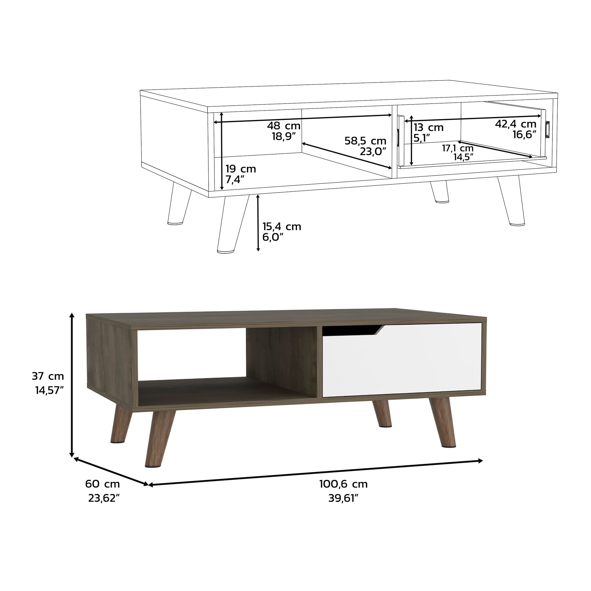 Modern coffee table with a white drawer and woodgrain finish perfect for living rooms
