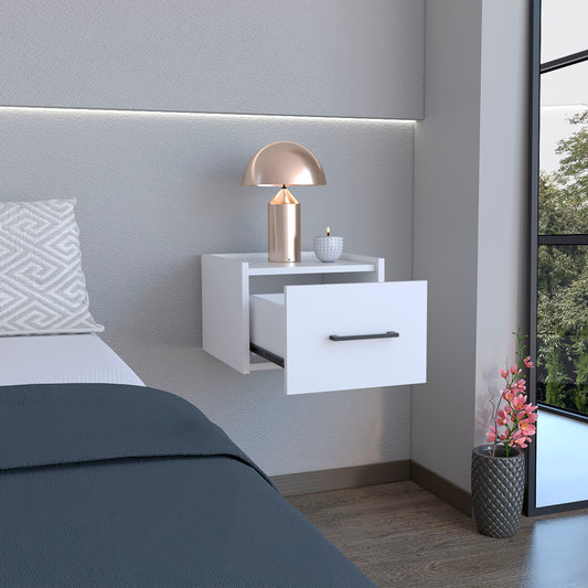 White wallmounted nightstand with an open drawer featuring a black handle