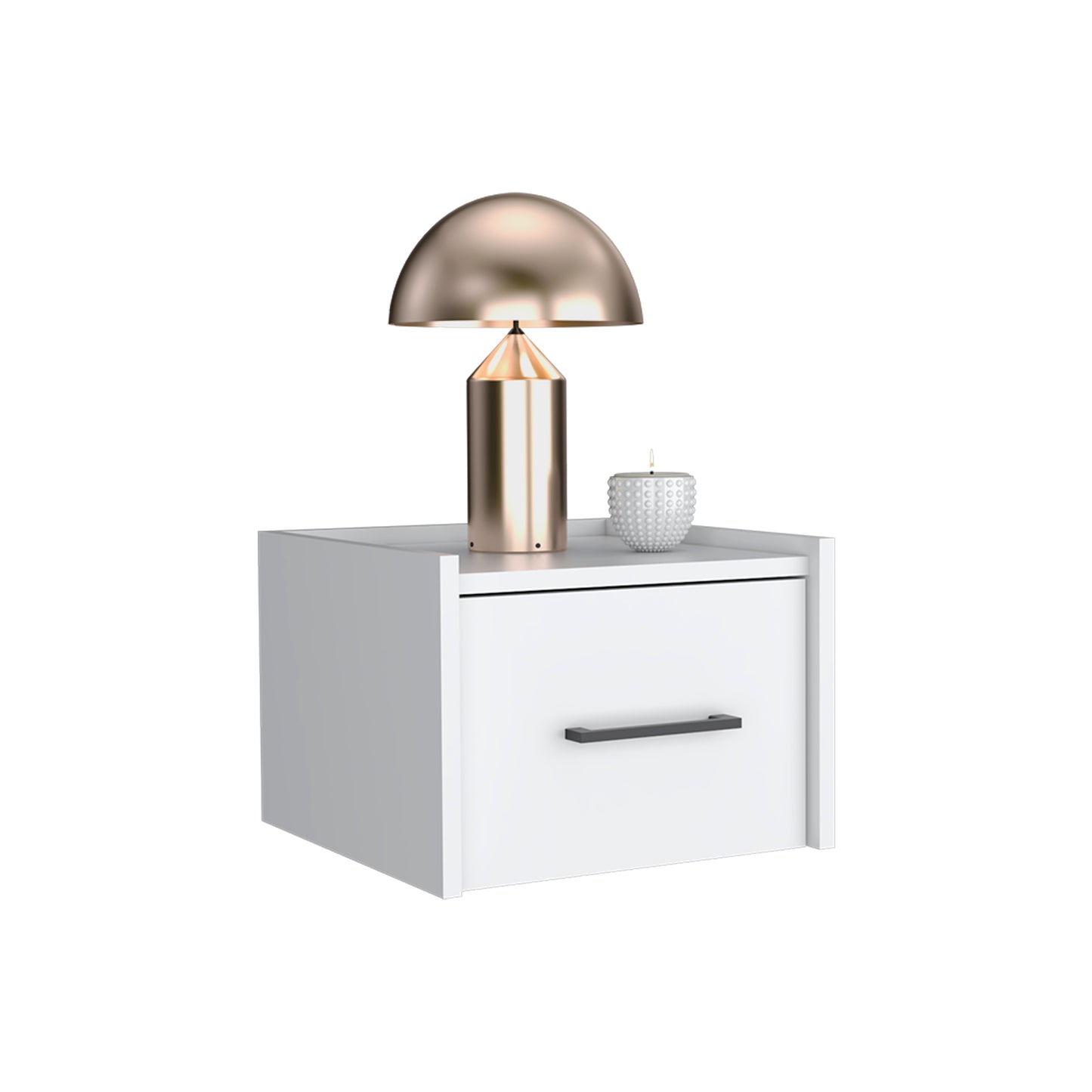 Modern white bedside table with a rose gold lamp and textured candle