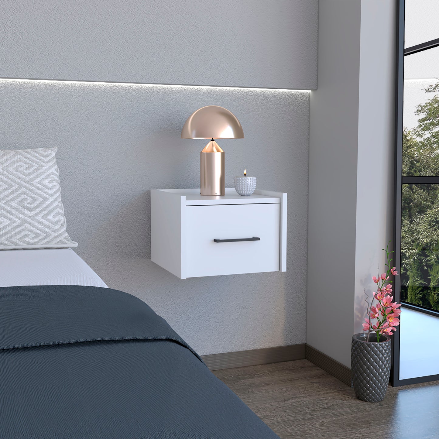 White floating nightstand with one drawer and dark handle