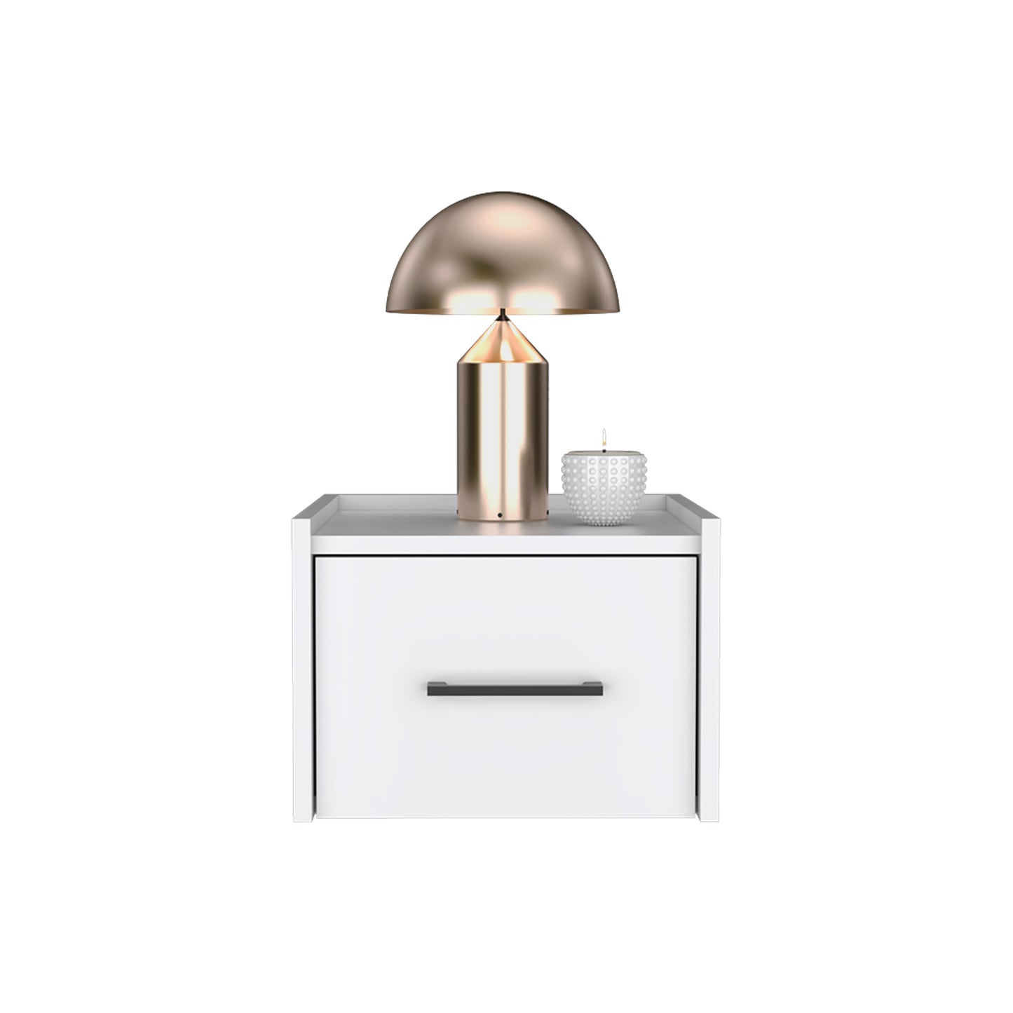 Modern metallic rose gold dome table lamp with a white nightstand and textured candle