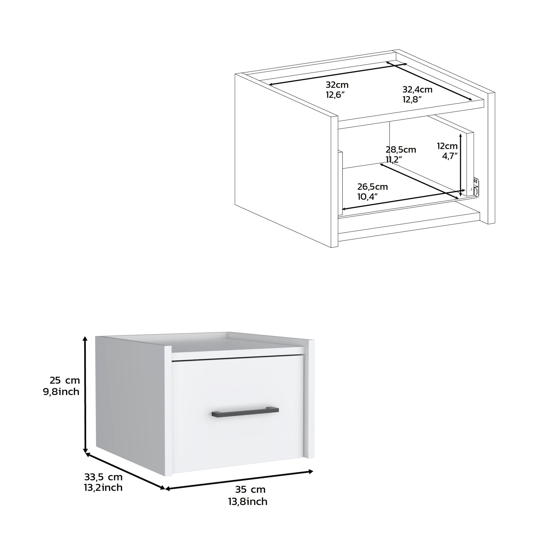 White bedside table with a single drawer and black handle cm width