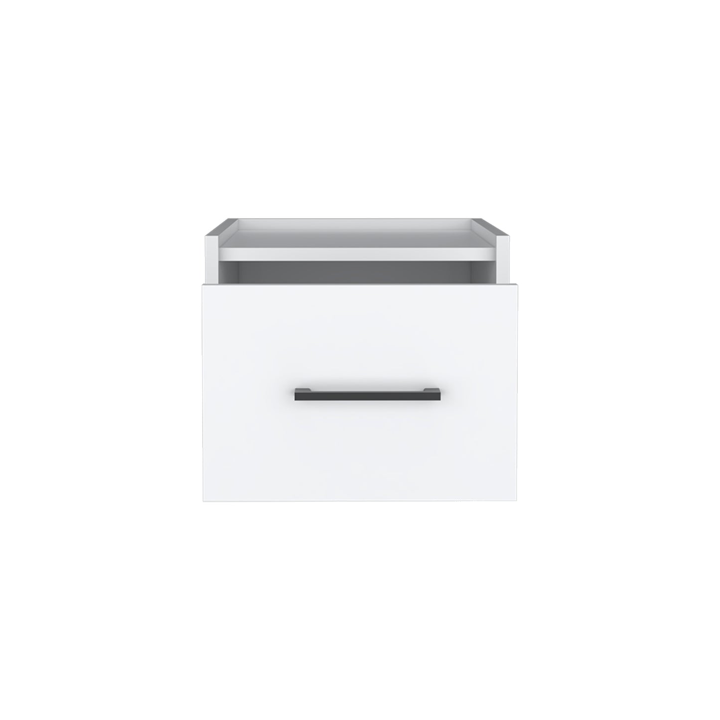 White floating nightstand with a single drawer and open shelf modern minimalist design