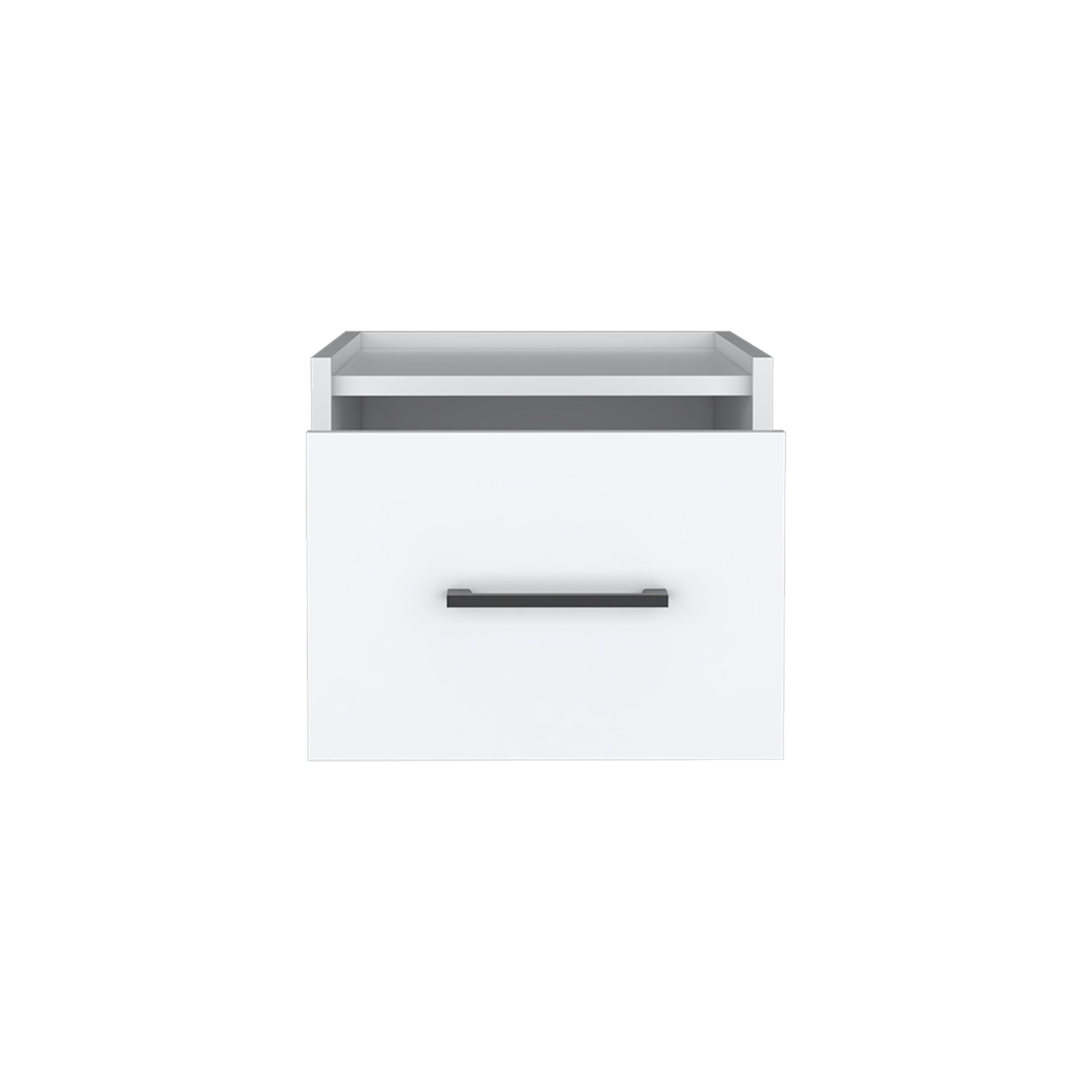 White floating nightstand with a single drawer and open shelf modern minimalist design