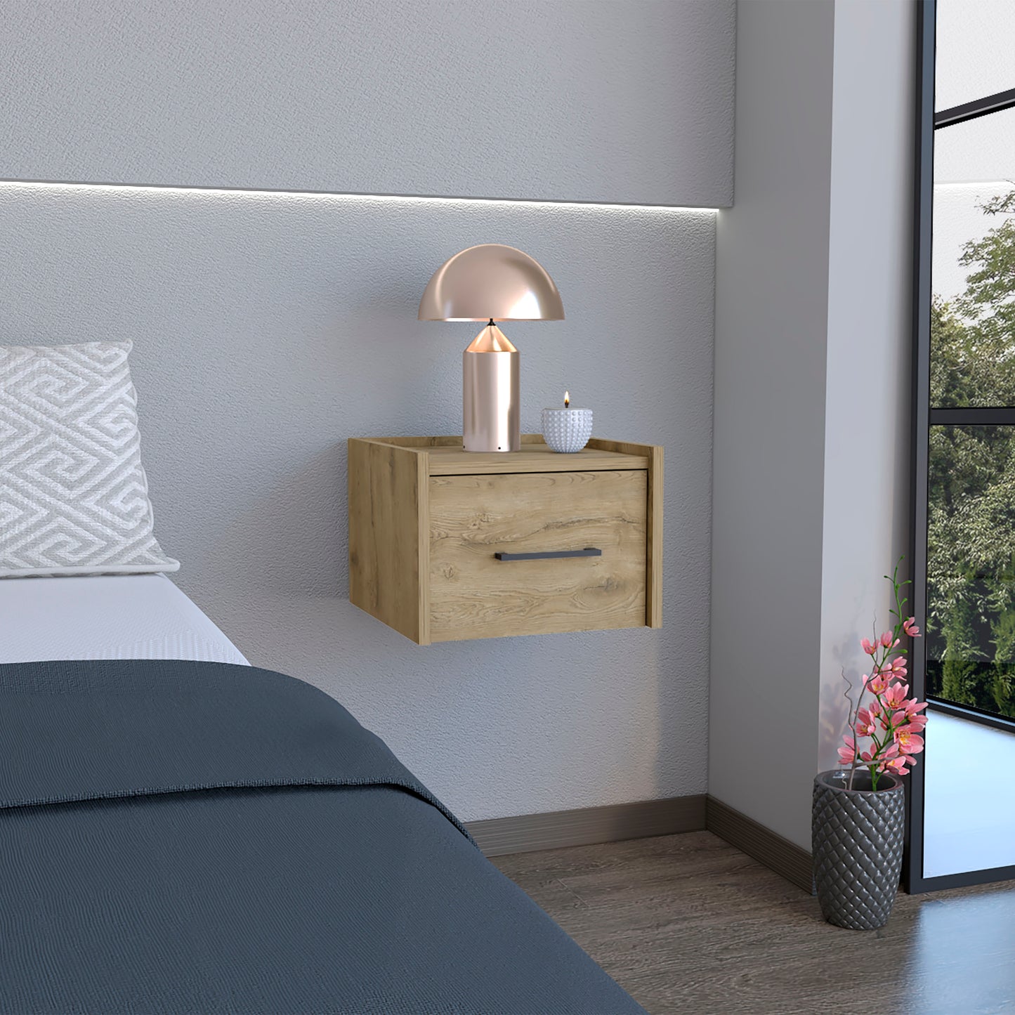 Floating bedside table with one drawer and natural wood finish
