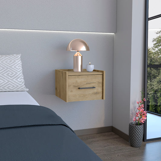 Floating bedside table with one drawer and natural wood finish