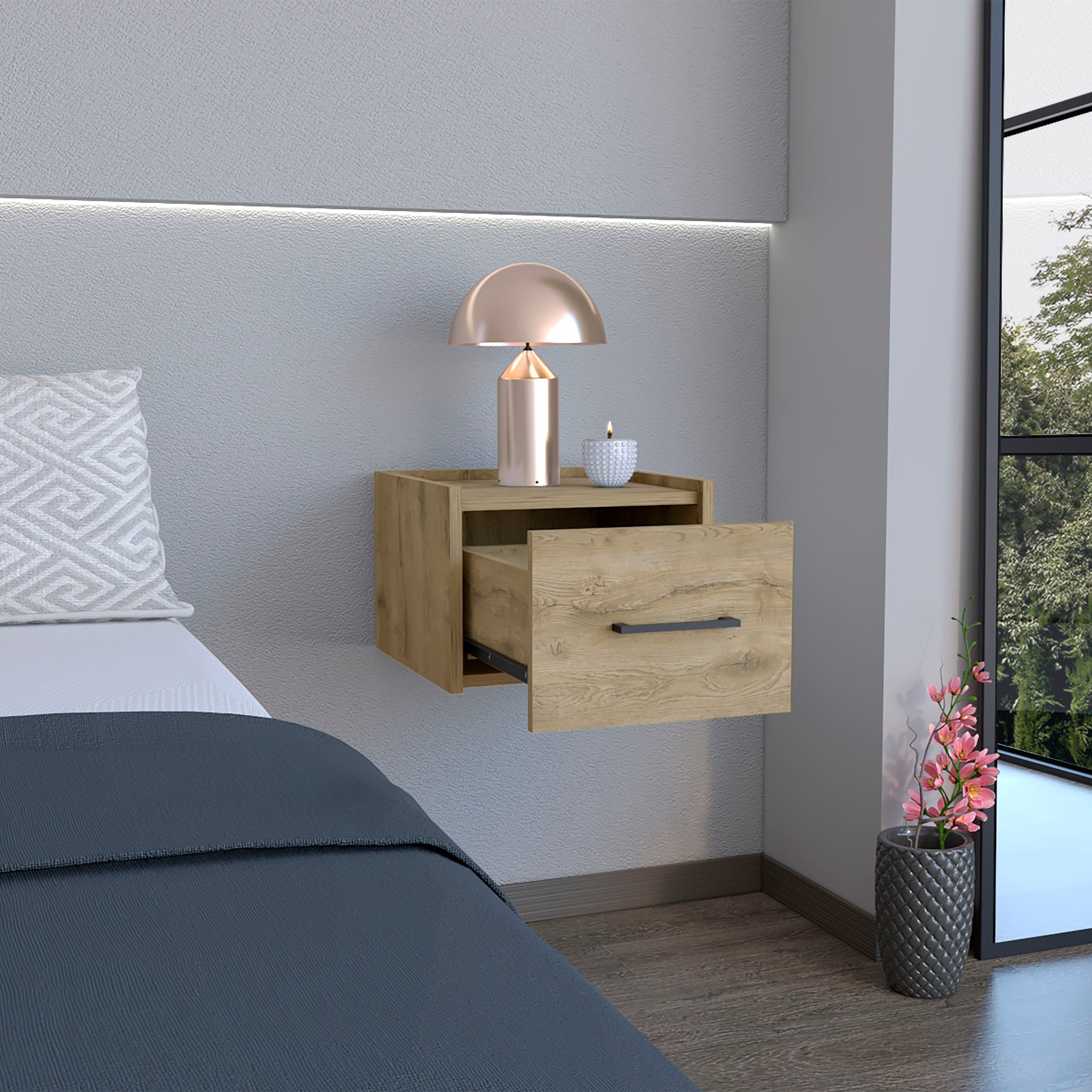 Floating oak nightstand with one drawer open featuring a modern design for bedside storage
