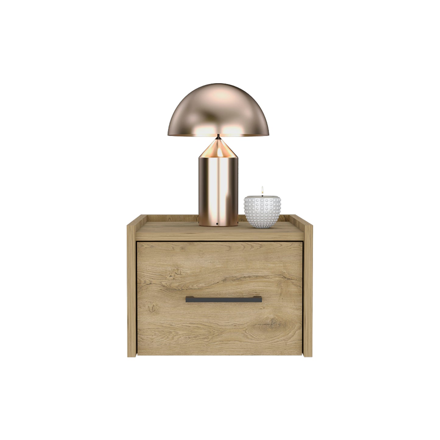 Modern oak bedside table with drawer featuring a copper dome table lamp and white textured candle