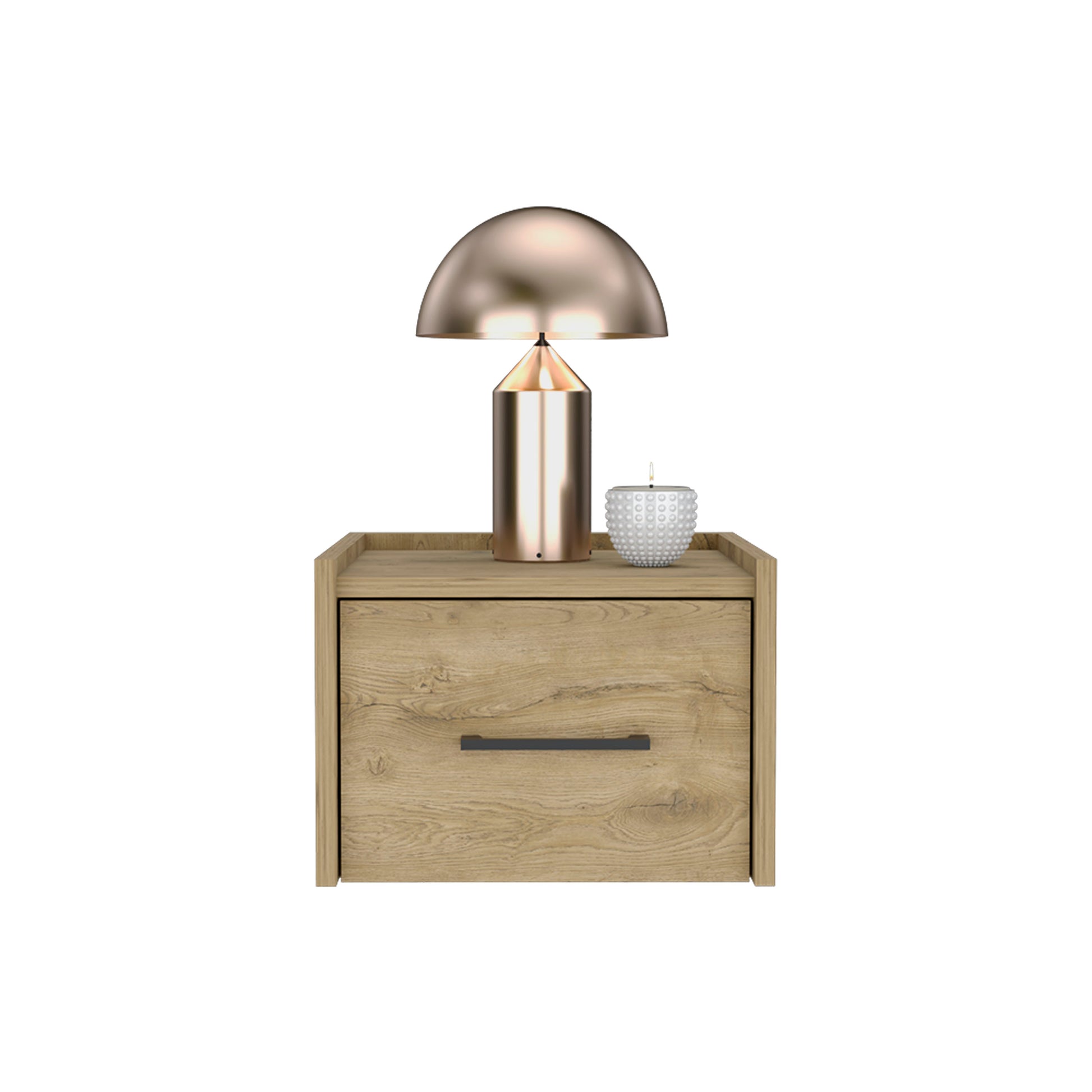 Modern oak bedside table with drawer featuring a copper dome table lamp and white textured candle