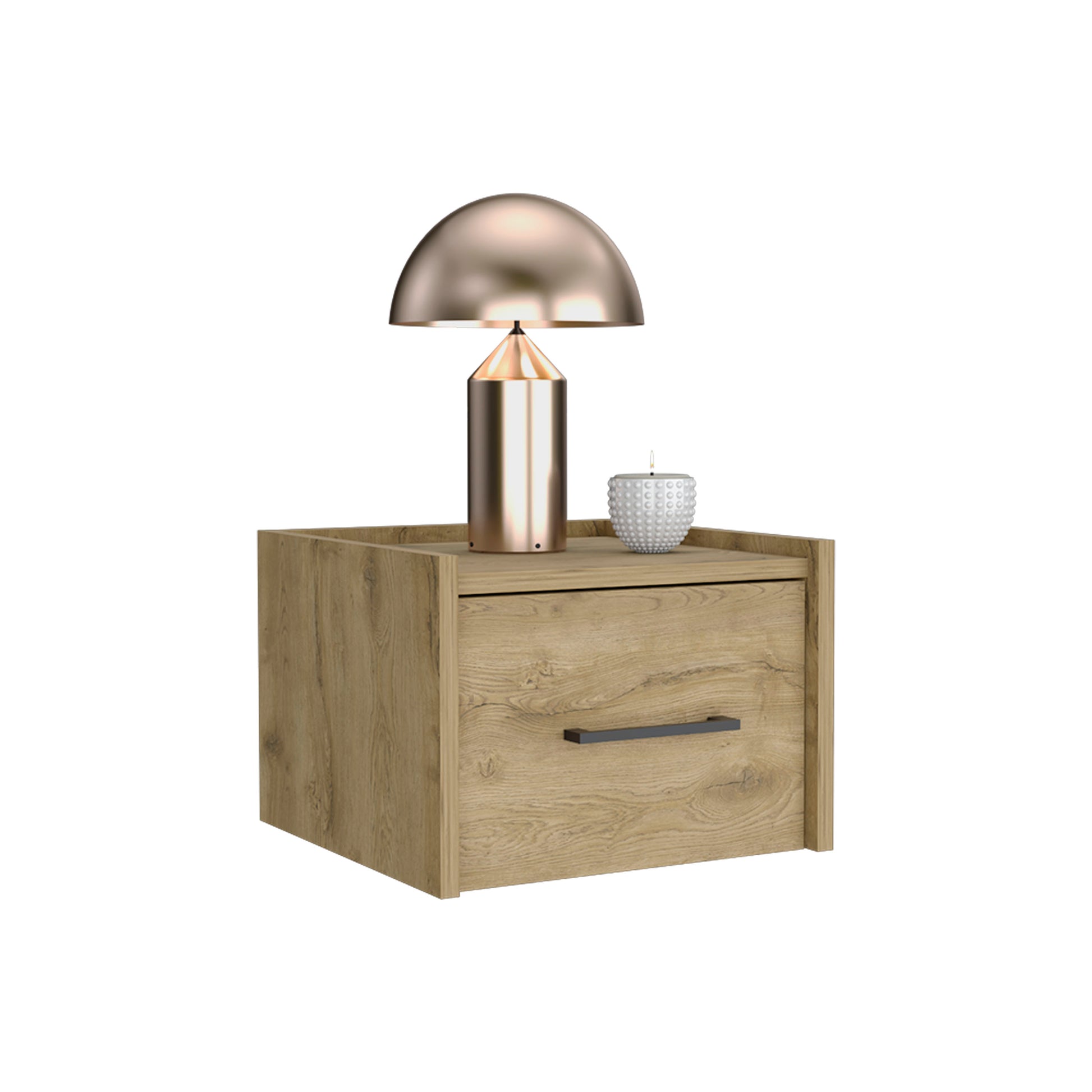 Light oak bedside table with a single drawer and a matte black handle