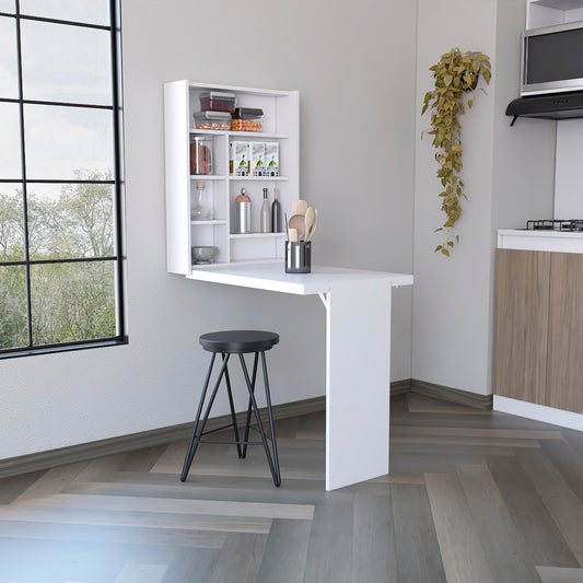 Compact white wallmounted desk with shelves for kitchen organization