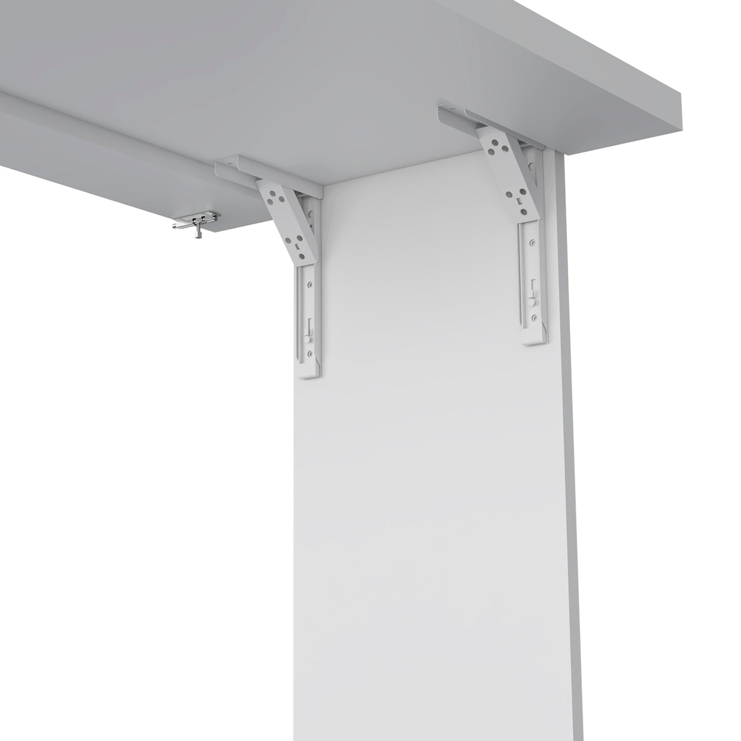 White metal folding shelf bracket attached under a shelf