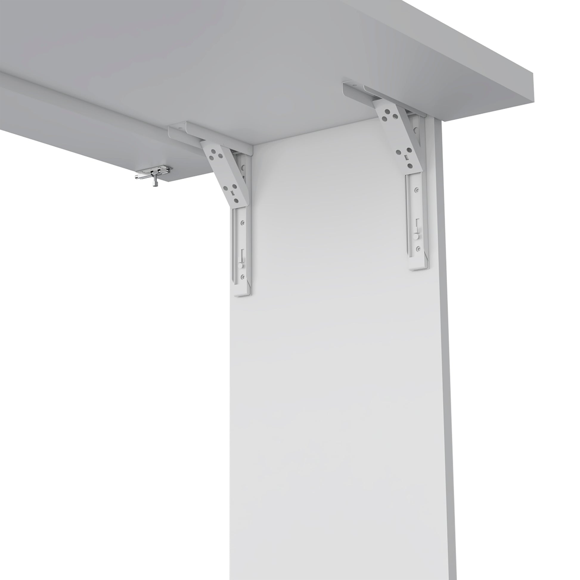 White metal folding shelf bracket attached under a shelf