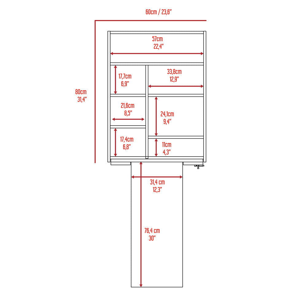 Product dimensions diagram showing a cm wide cm tall shelving unit with internal measurements