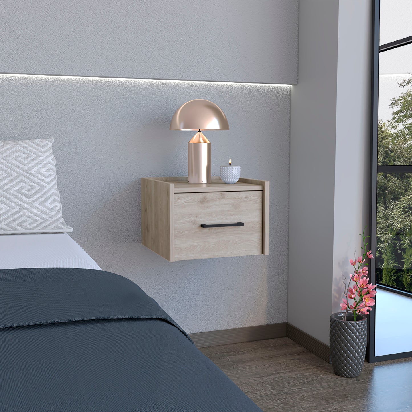 Floating nightstand with light oak finish and black drawer pull