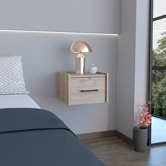 Floating nightstand with light oak finish and black drawer pull