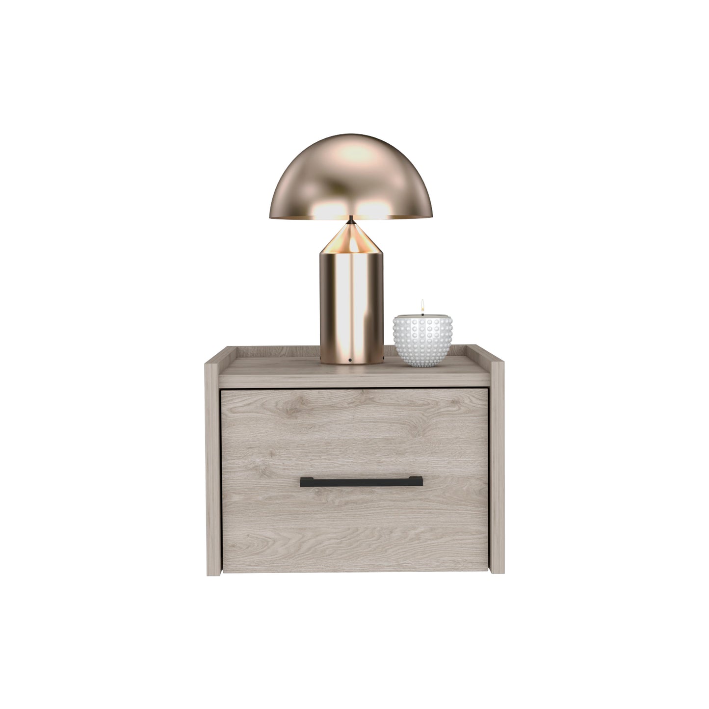 Modern brushed brass bedside lamp with dome shade and a white textured candle