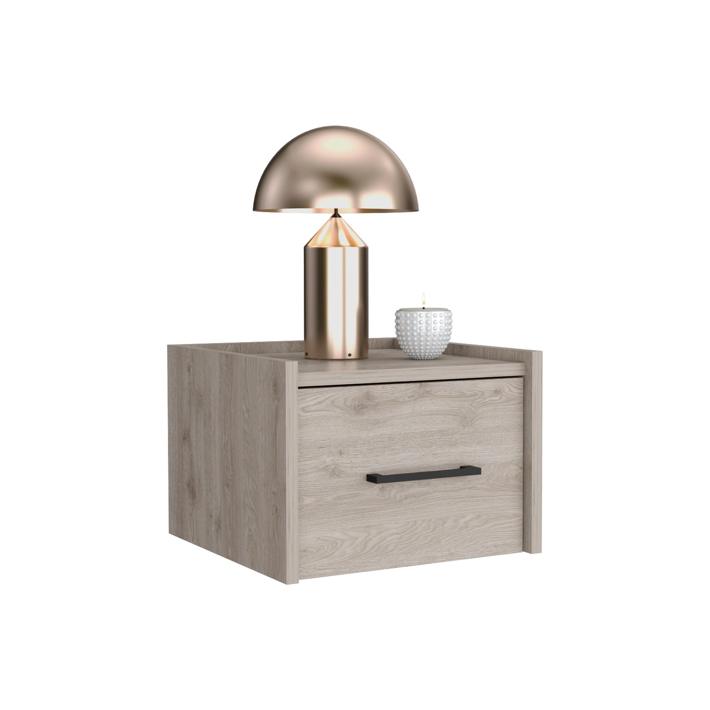 Modern bedside table with light oak finish and black drawer pull Features a sleek contemporary design perfect for bedrooms