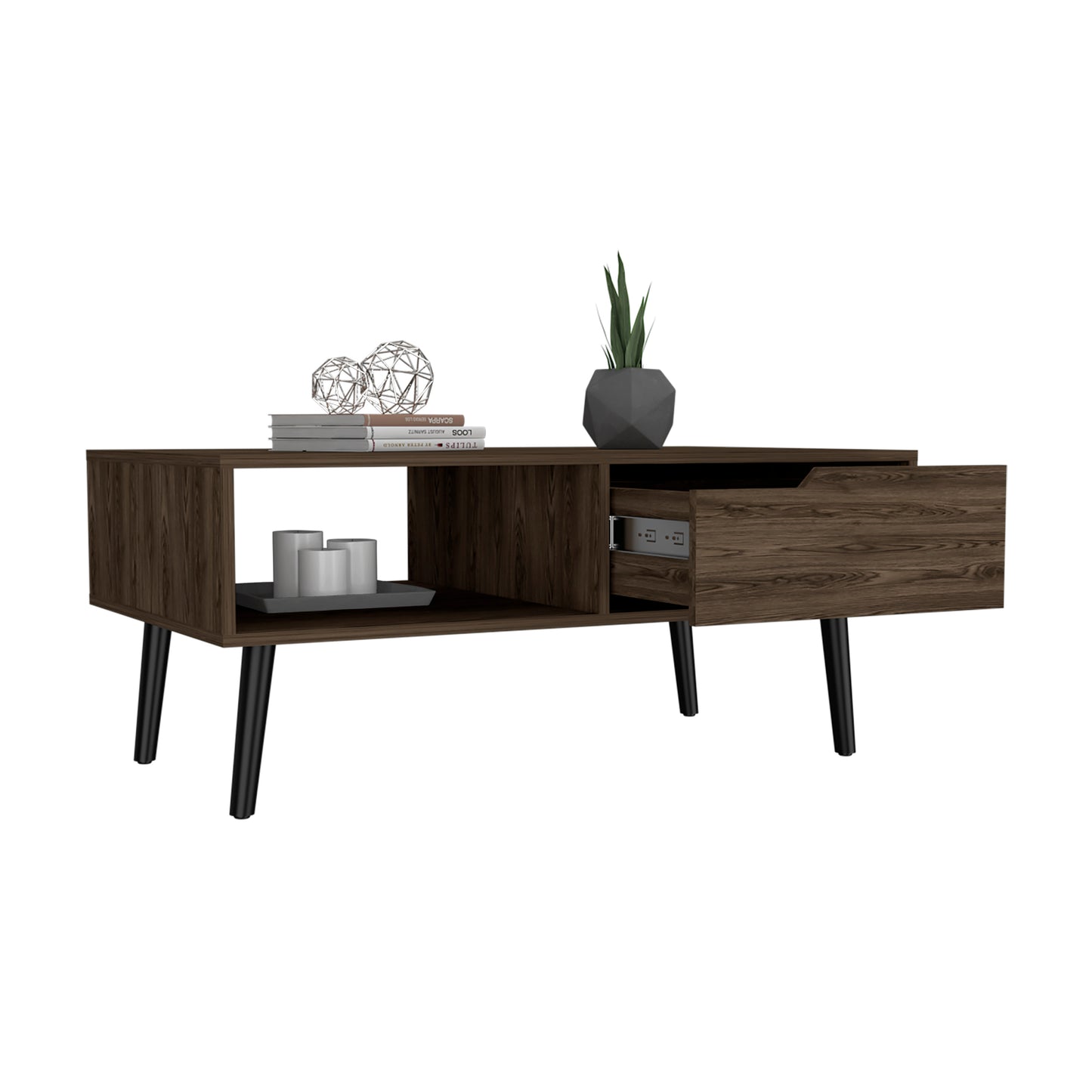 Midcentury modern dark wood media console with open shelf and pullout drawer black tapered legs
