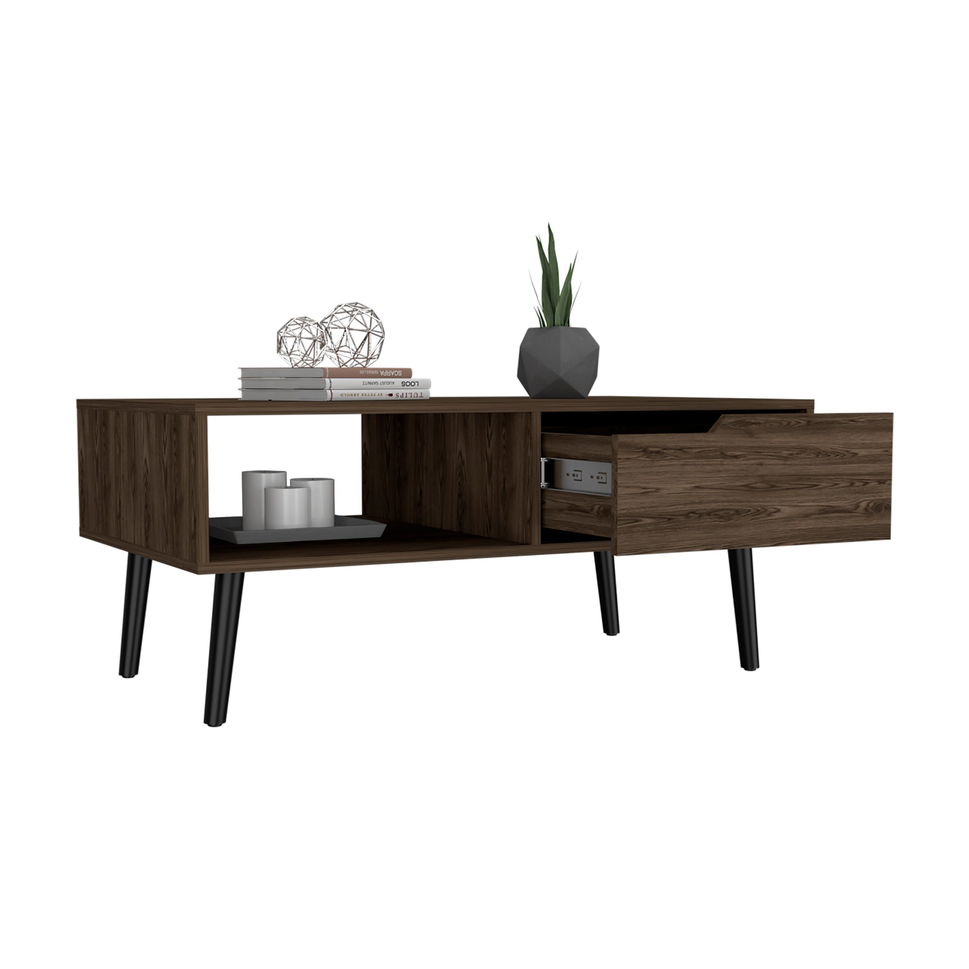 Midcentury modern dark wood media console with open shelf and pullout drawer black tapered legs