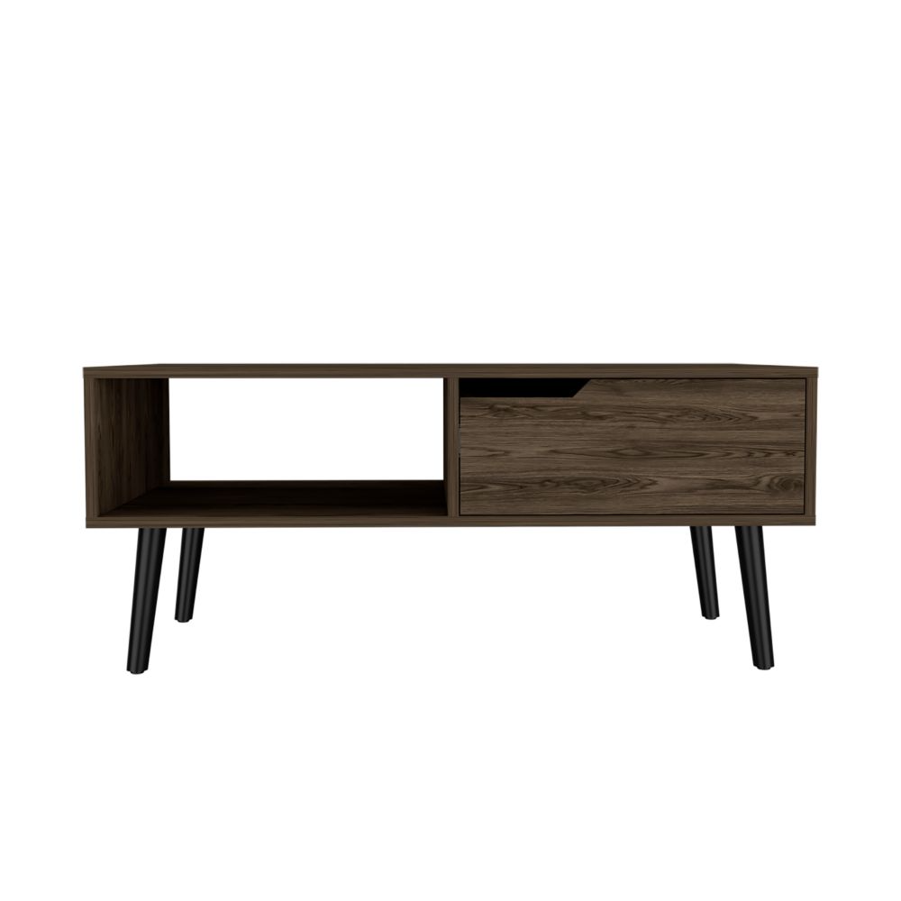 Dark wood TV stand with open shelf and single drawer on black tapered legs