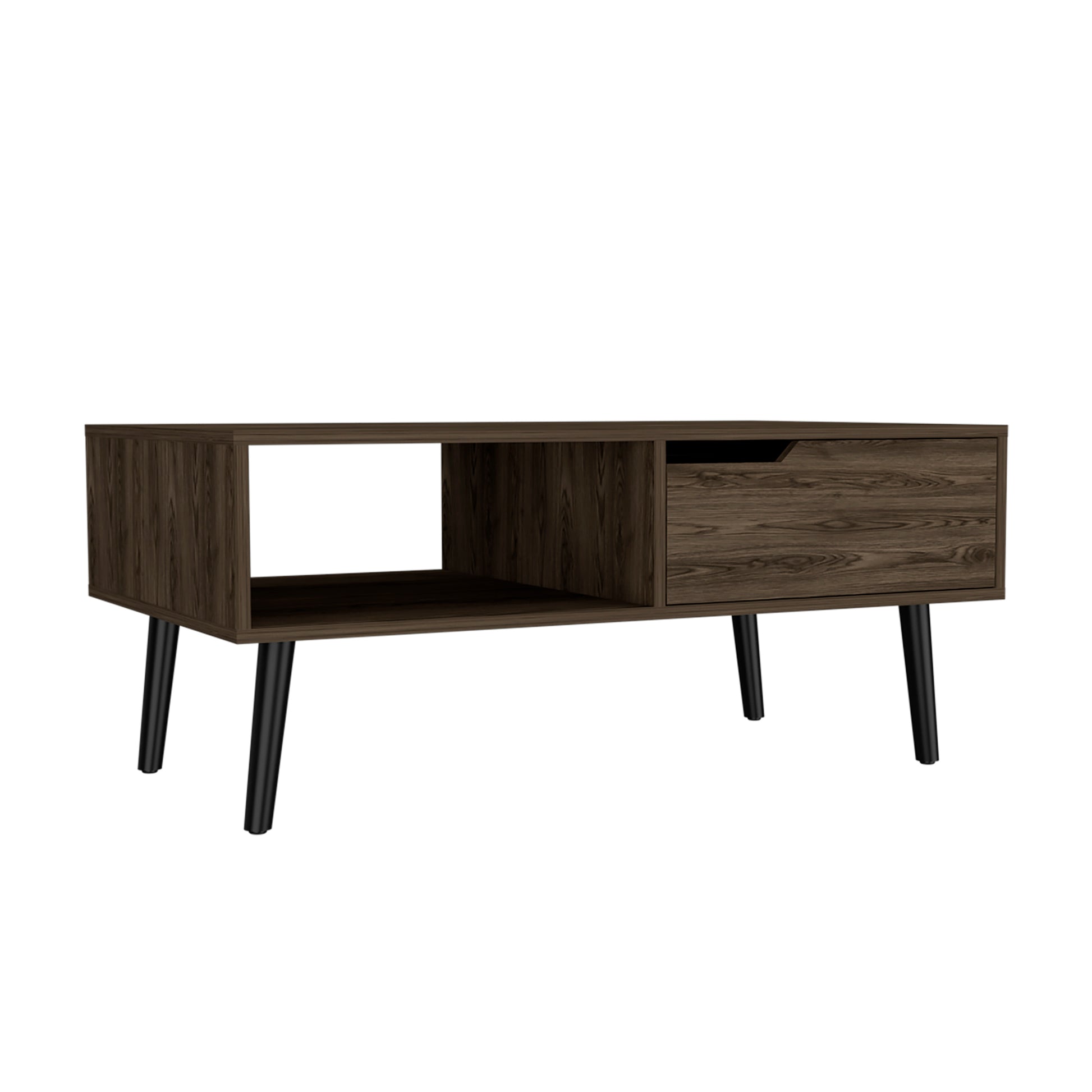 Midcentury modern dark wood coffee table with open shelf and single drawer