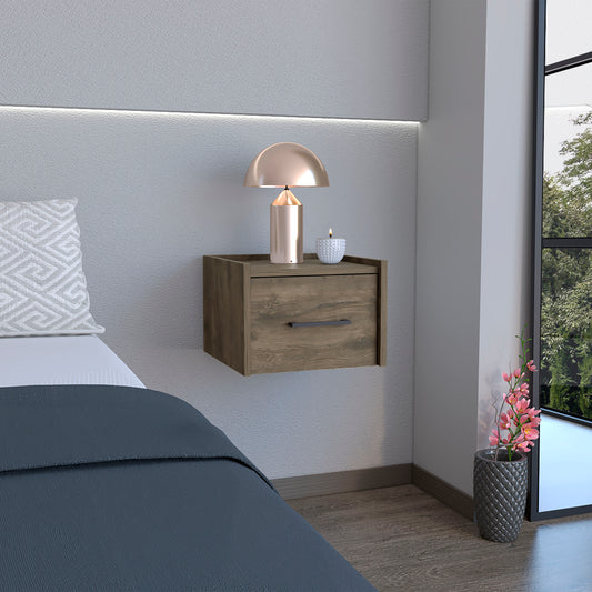 Modern wallmounted nightstand with a single drawer in a rustic oak finish perfect for bedroom storage