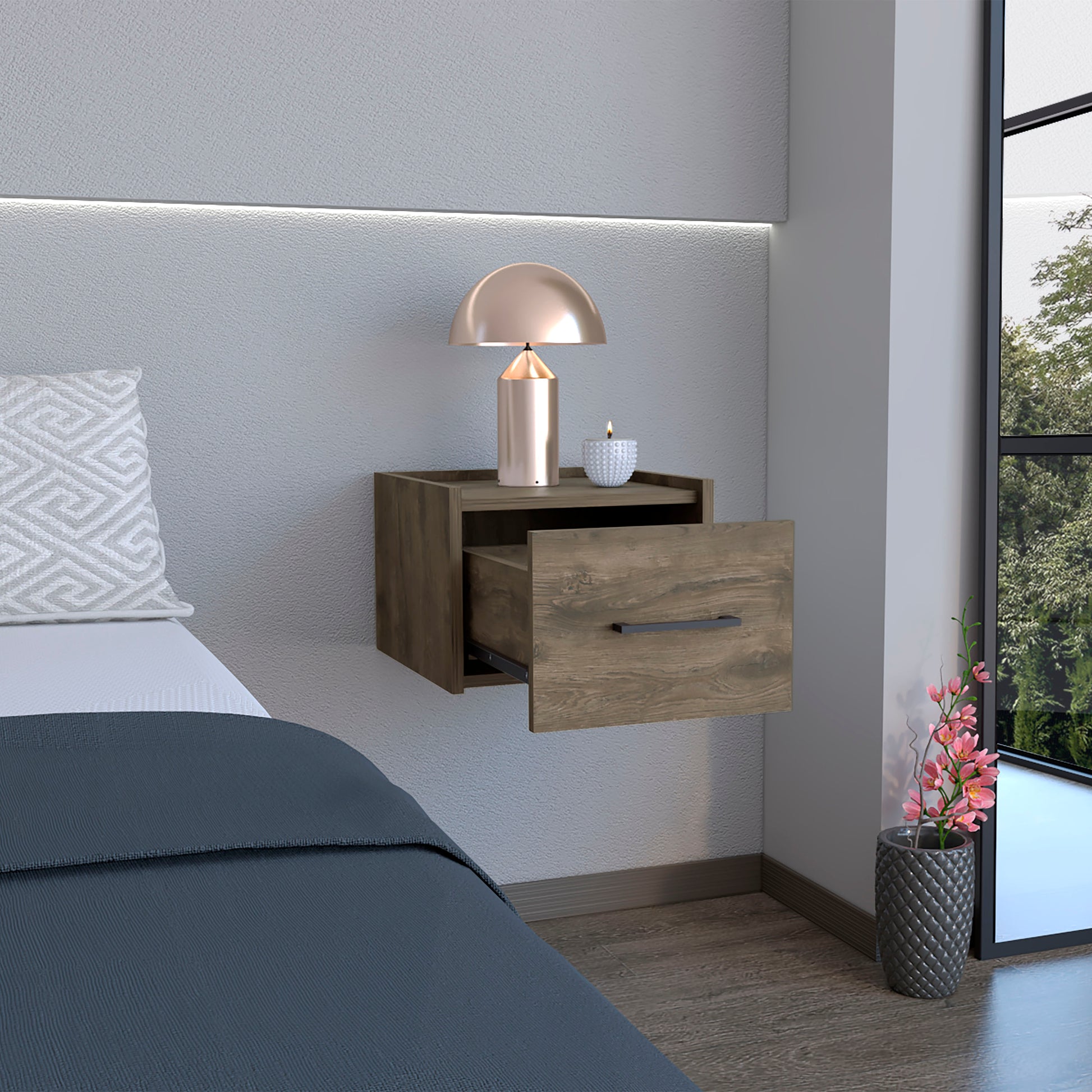 Floating nightstand in rustic oak wood finish with open drawer and modern drawer pull