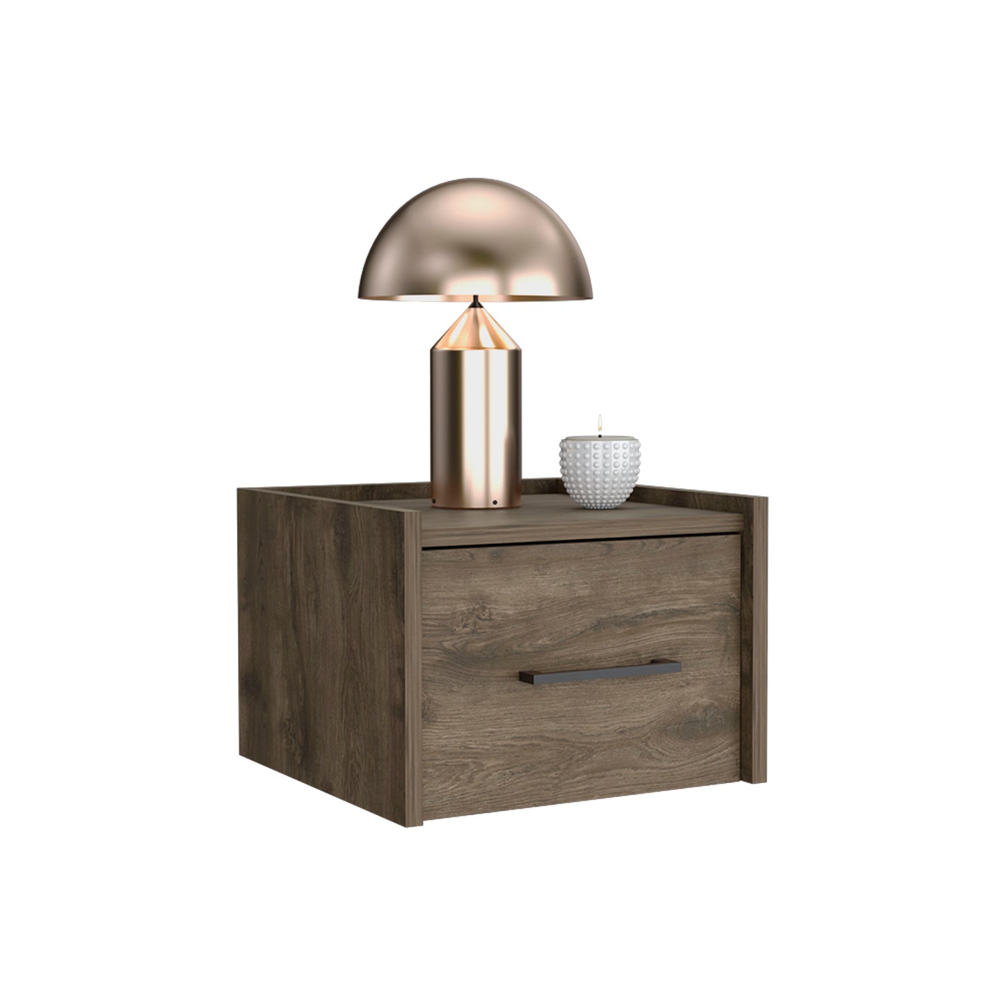 Rustic wood nightstand with a single drawer and rose gold lamp