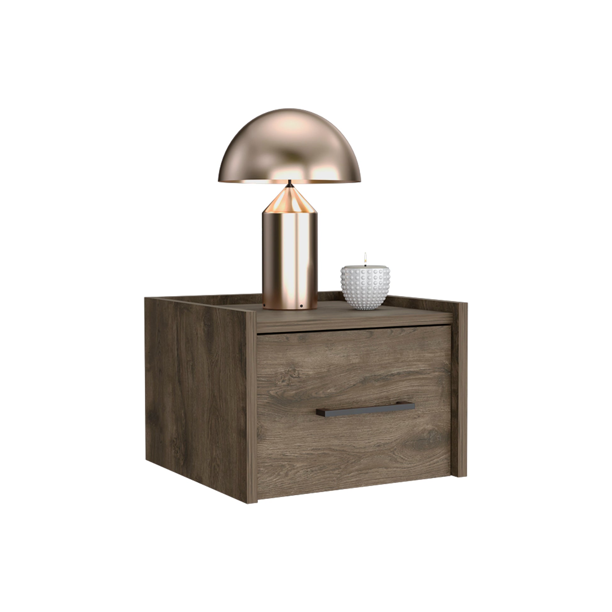 Rustic wood nightstand with a single drawer and rose gold lamp