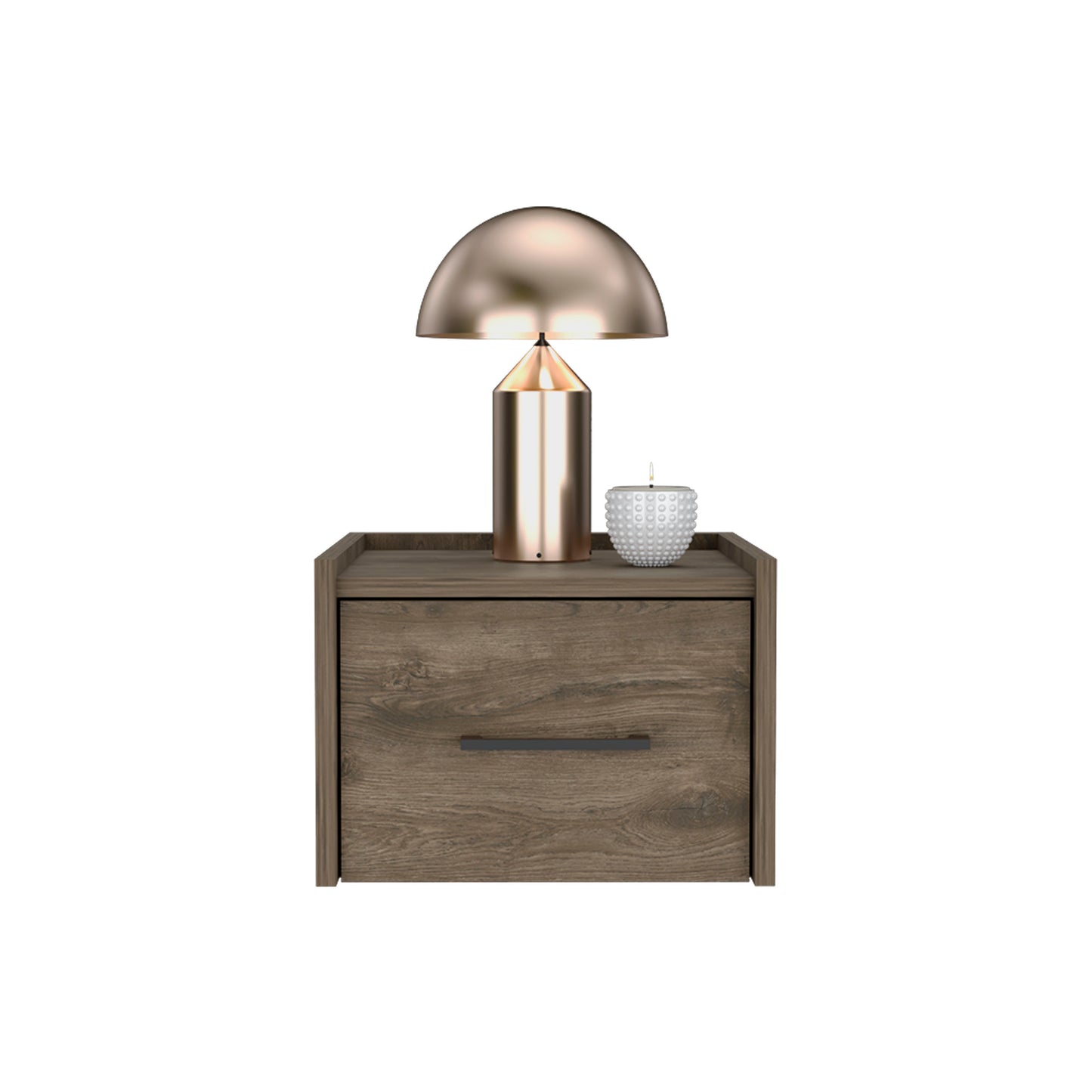 Modern rose gold dome desk lamp with textured white candle on wood nightstand