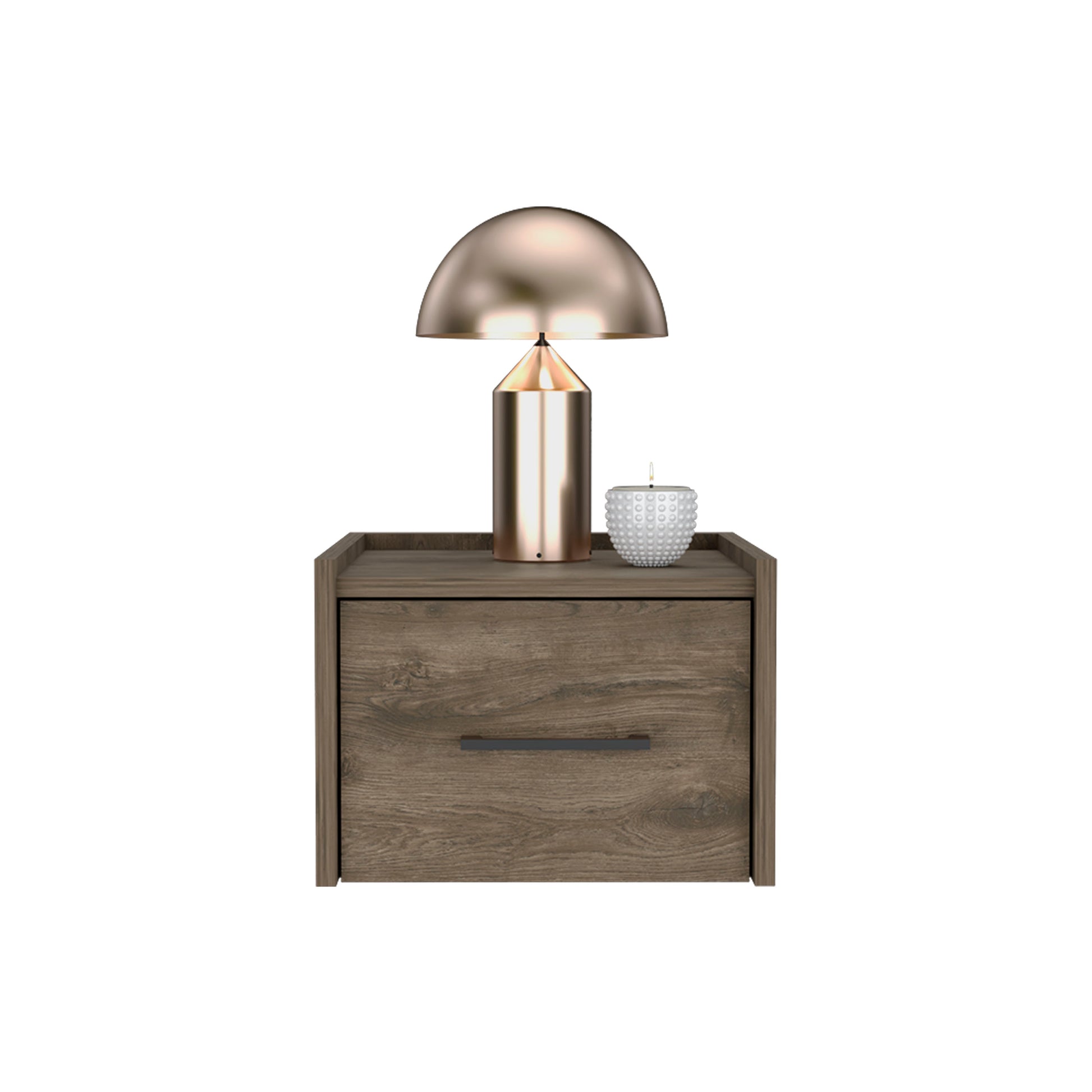 Modern rose gold dome desk lamp with textured white candle on wood nightstand