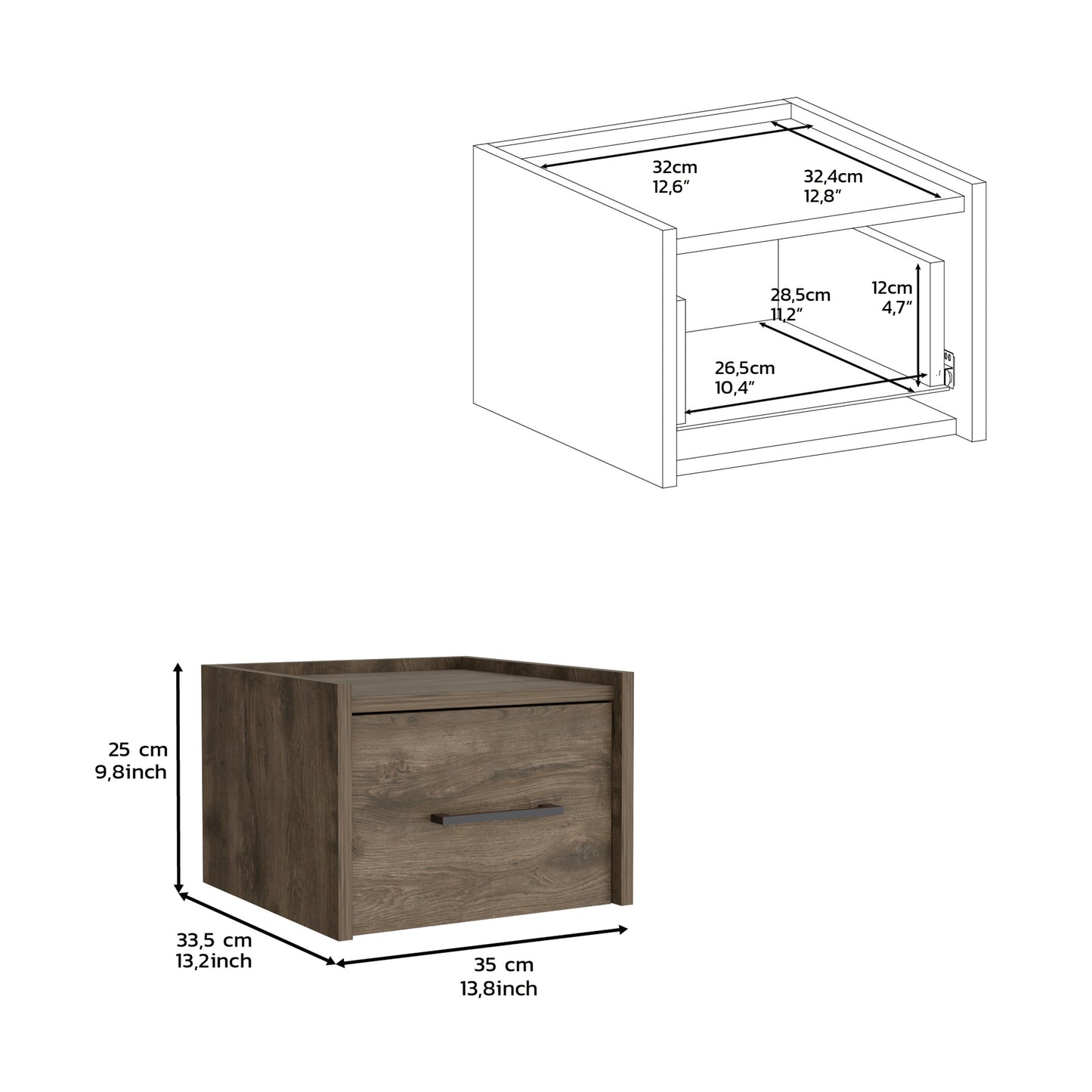 Brown wood effect nightstand with one drawer and a black handle Dimensions shown