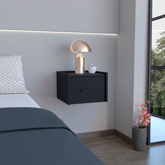 Modern floating nightstand in black with a single drawer and brushed nickel handle