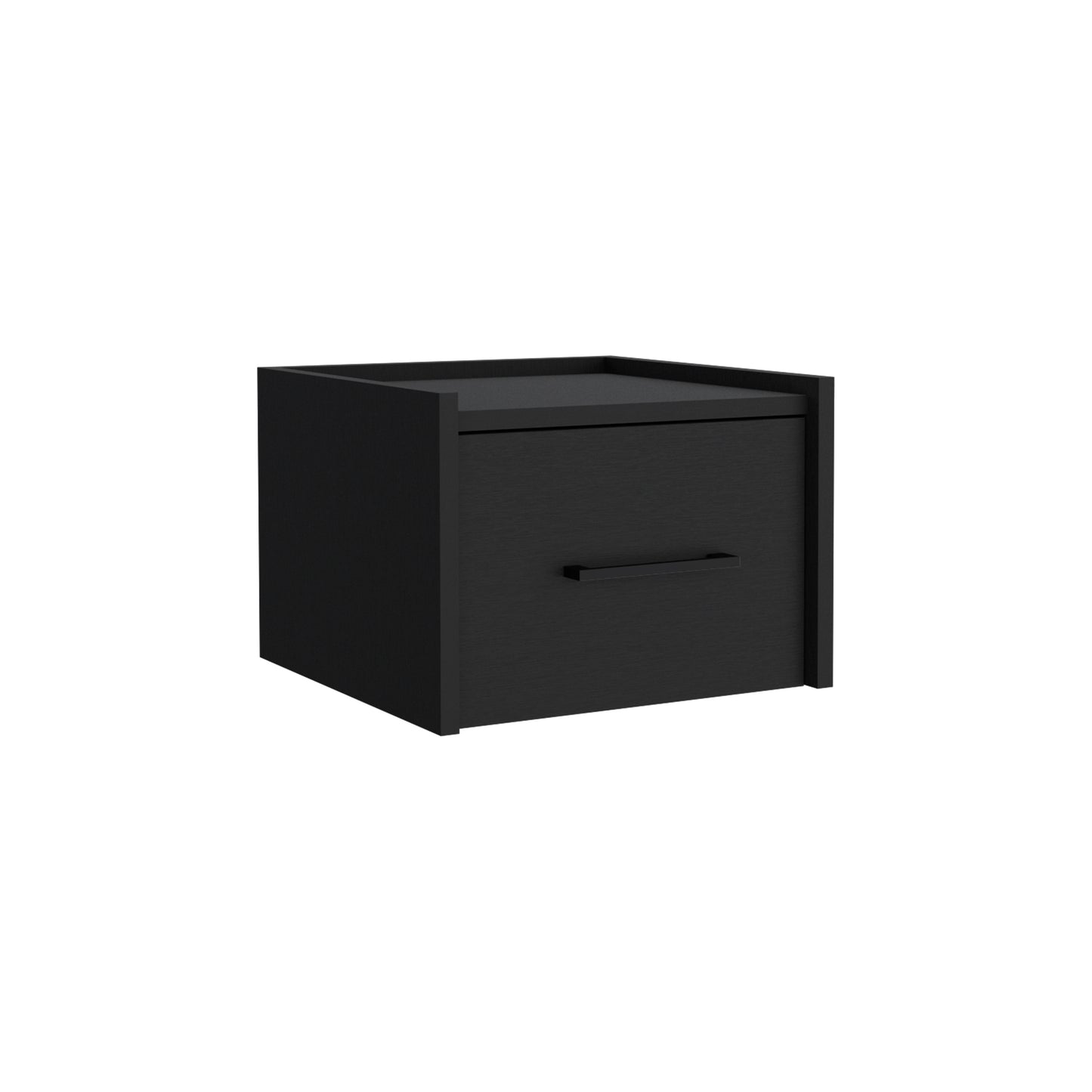 Modern black wood bedside table with a single drawer and sleek metal handle