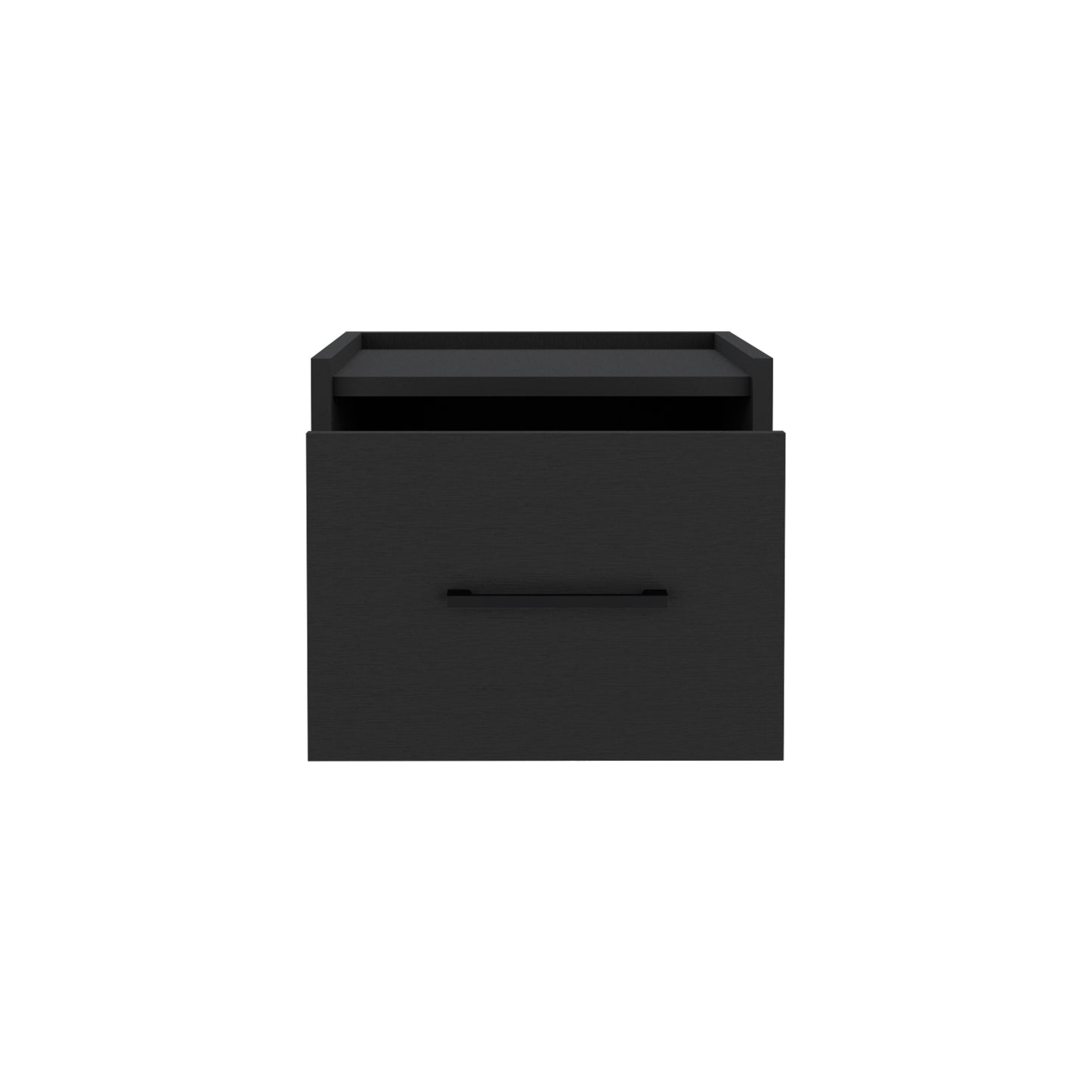 Minimalist black bedside table with a single drawer and open shelf