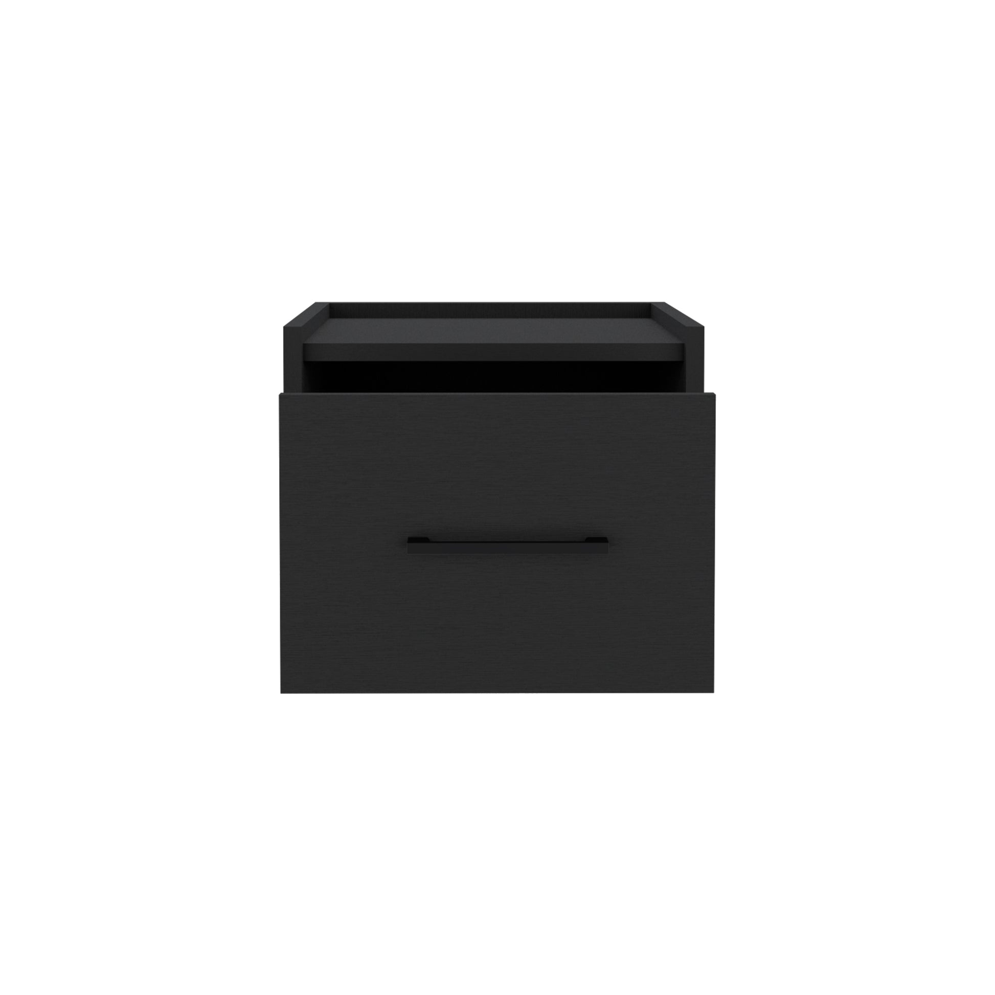 Minimalist black bedside table with a single drawer and open shelf
