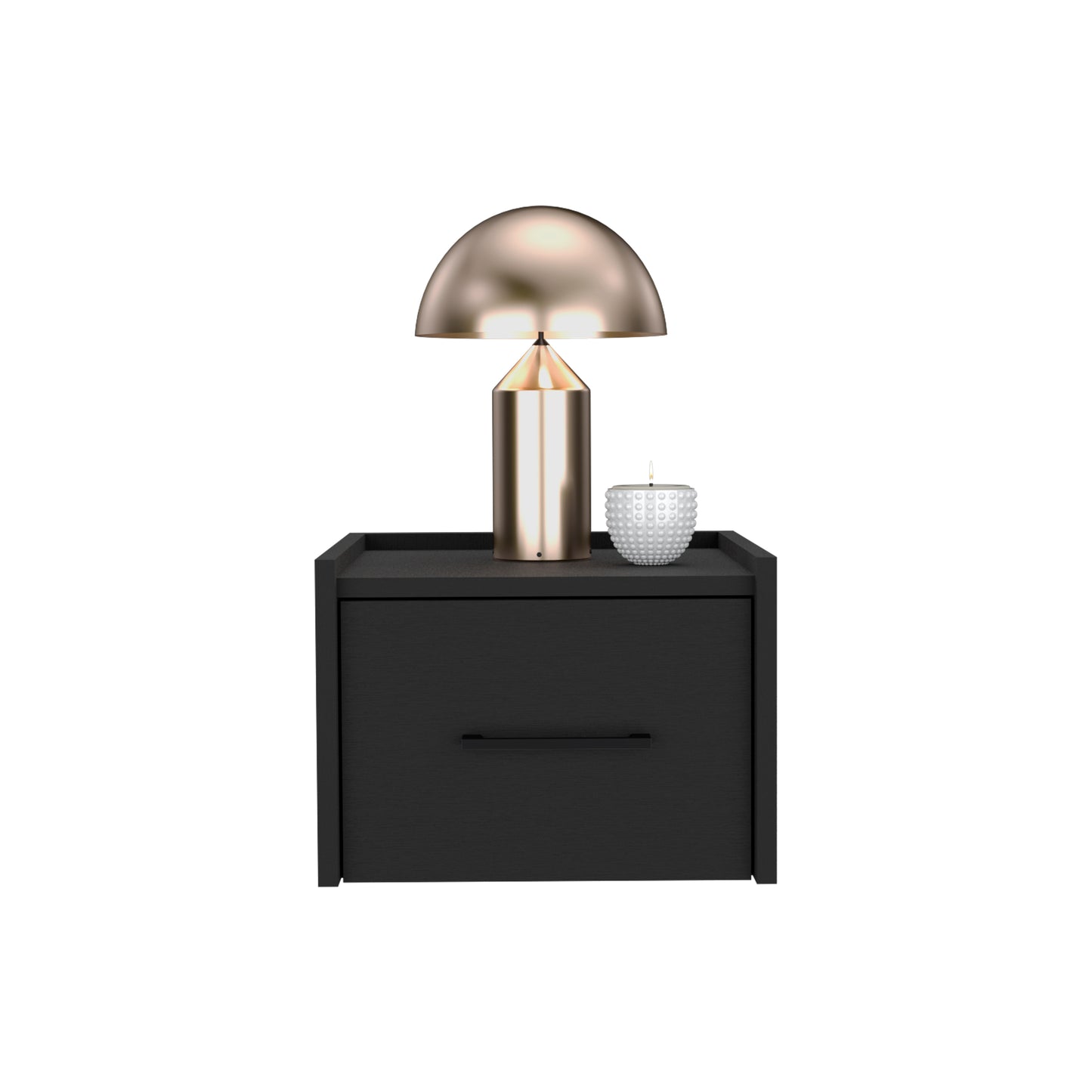 Sleek black nightstand with a brushed brass dome table lamp and a textured white candle