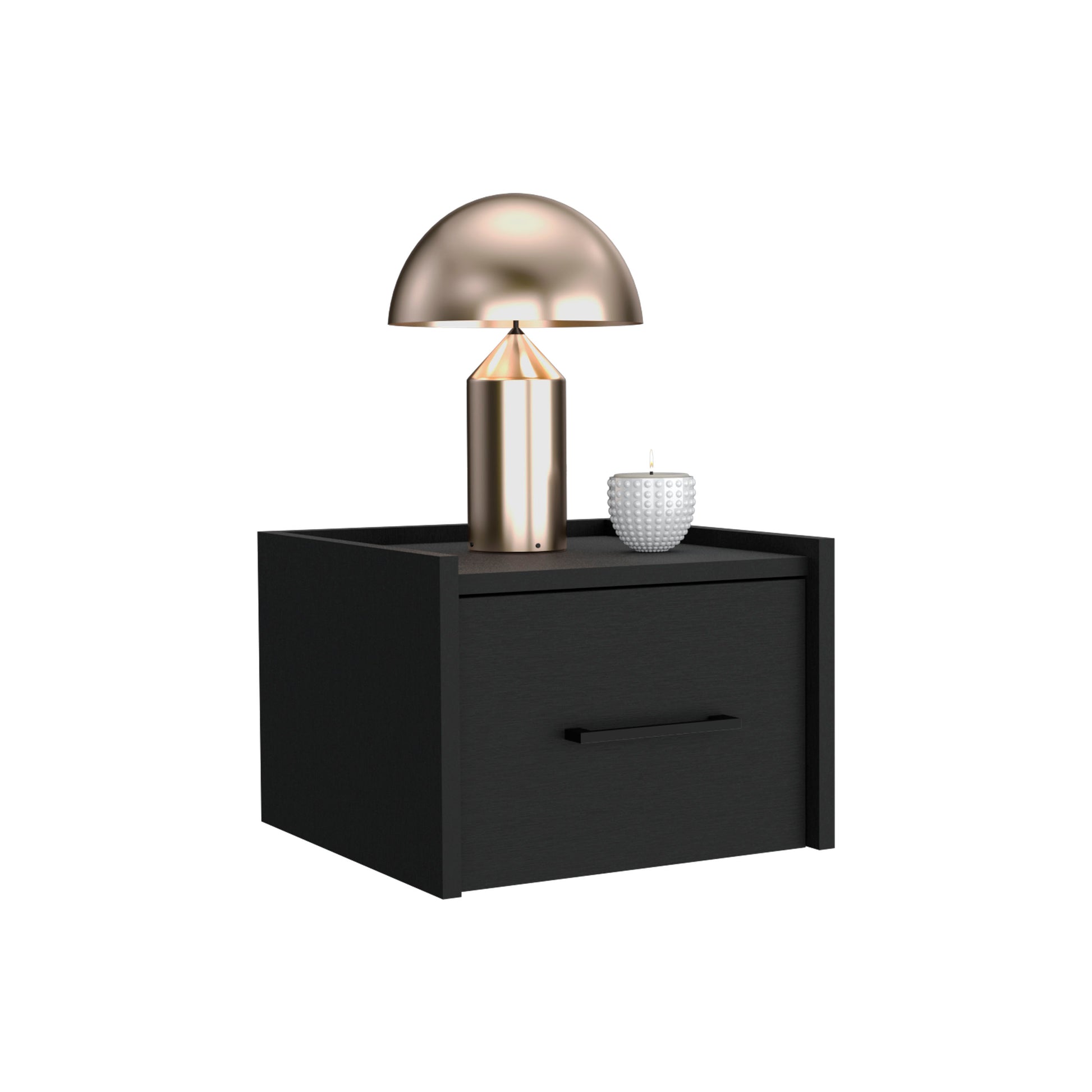 Black oak bedside table with a modern mushroomshaped brass lamp and white textured candle