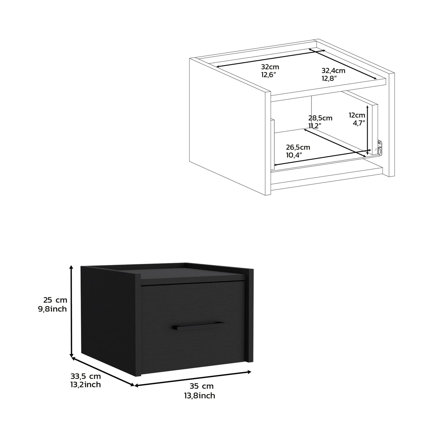 Black bedside table with one drawer and silver handle cm width