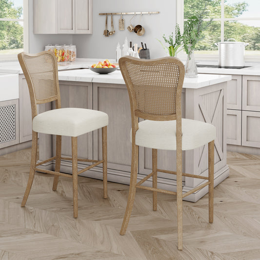 Natural wood and woven cane bar stool with cushioned seat