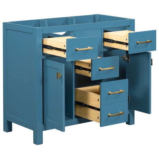 Blue wooden vanity base with brushed gold hardware and open drawers