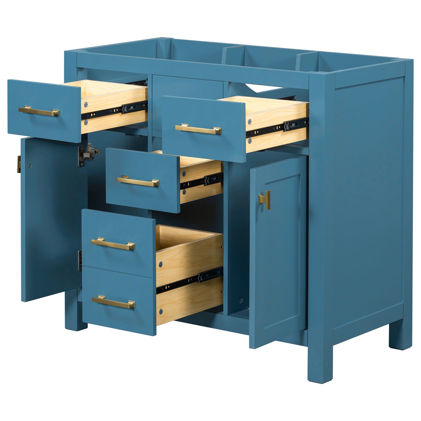 Blue vanity cabinet with drawers open revealing wooden interiors and brass hardware