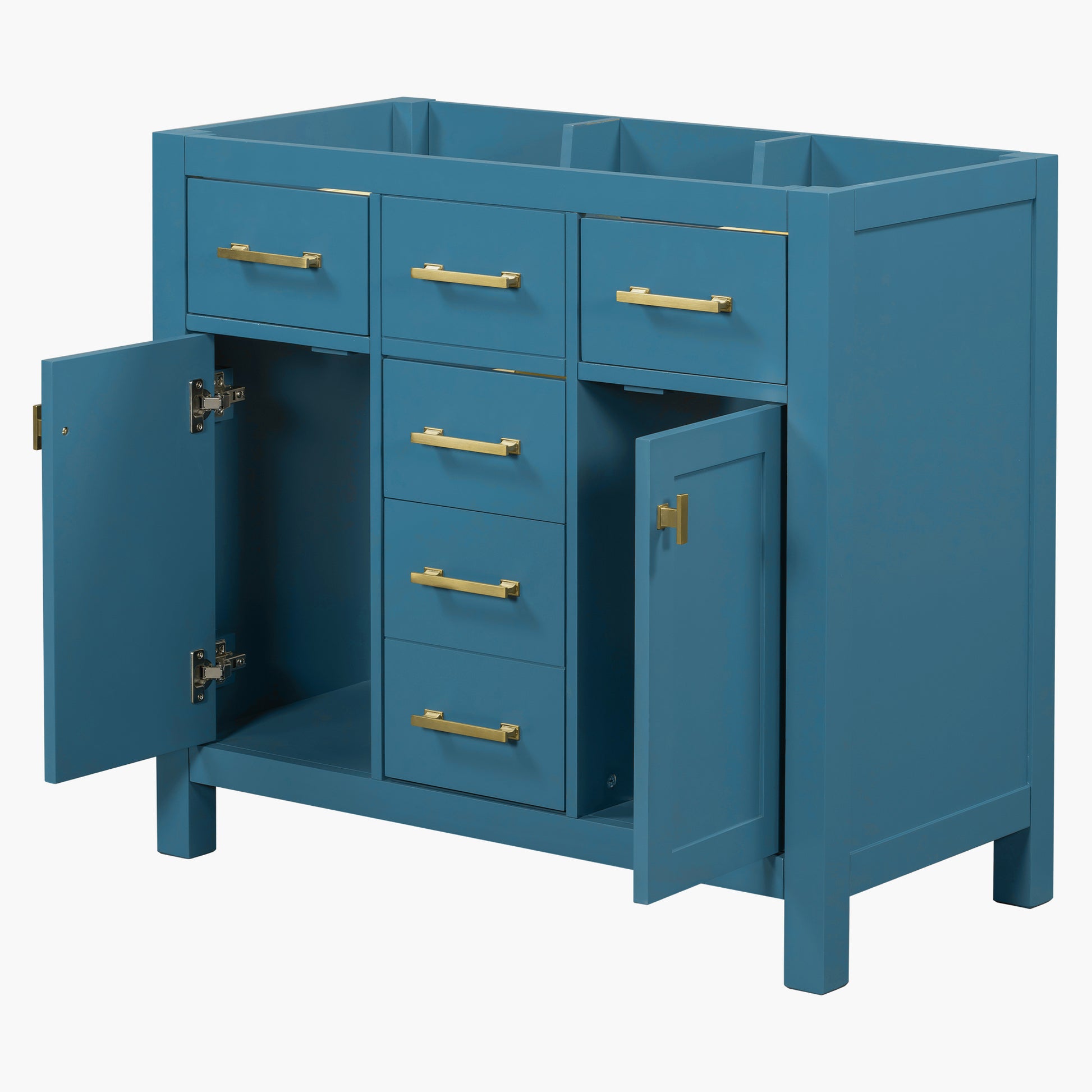 Blue bathroom vanity with gold hardware and open cabinet doors revealing storage space